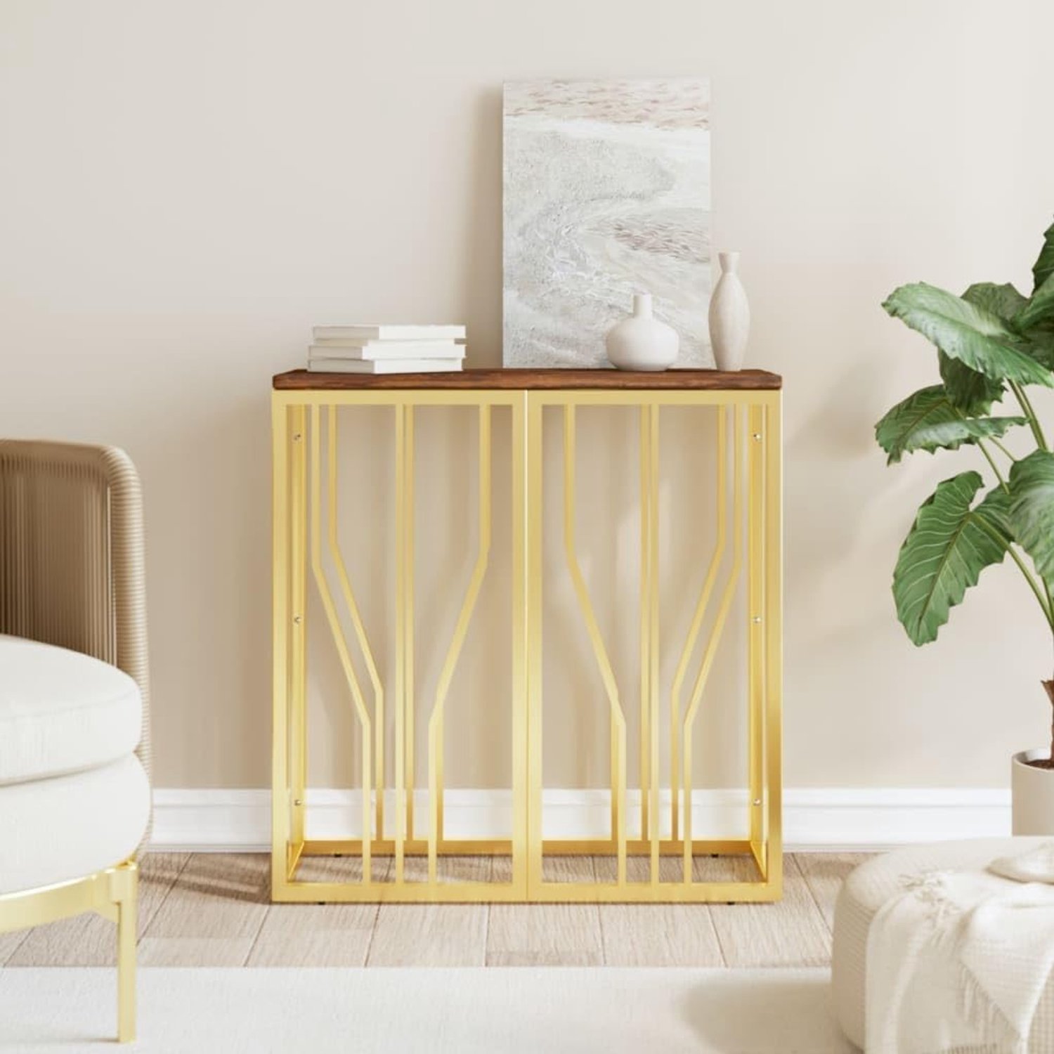 Bank, slaapkamer, bijzettafel, salontafel, kantoor, bijzettafel, consoletafel, goudkleurig, roestvrij staal en oud hout, massief geschikt voor woonkamer, slaapkamer, werkkamer