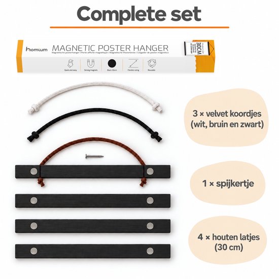 Complete set magnetische posterhanger met 4 zwarte houten latjes, 3 fluwelen koordjes en een spijkertje.