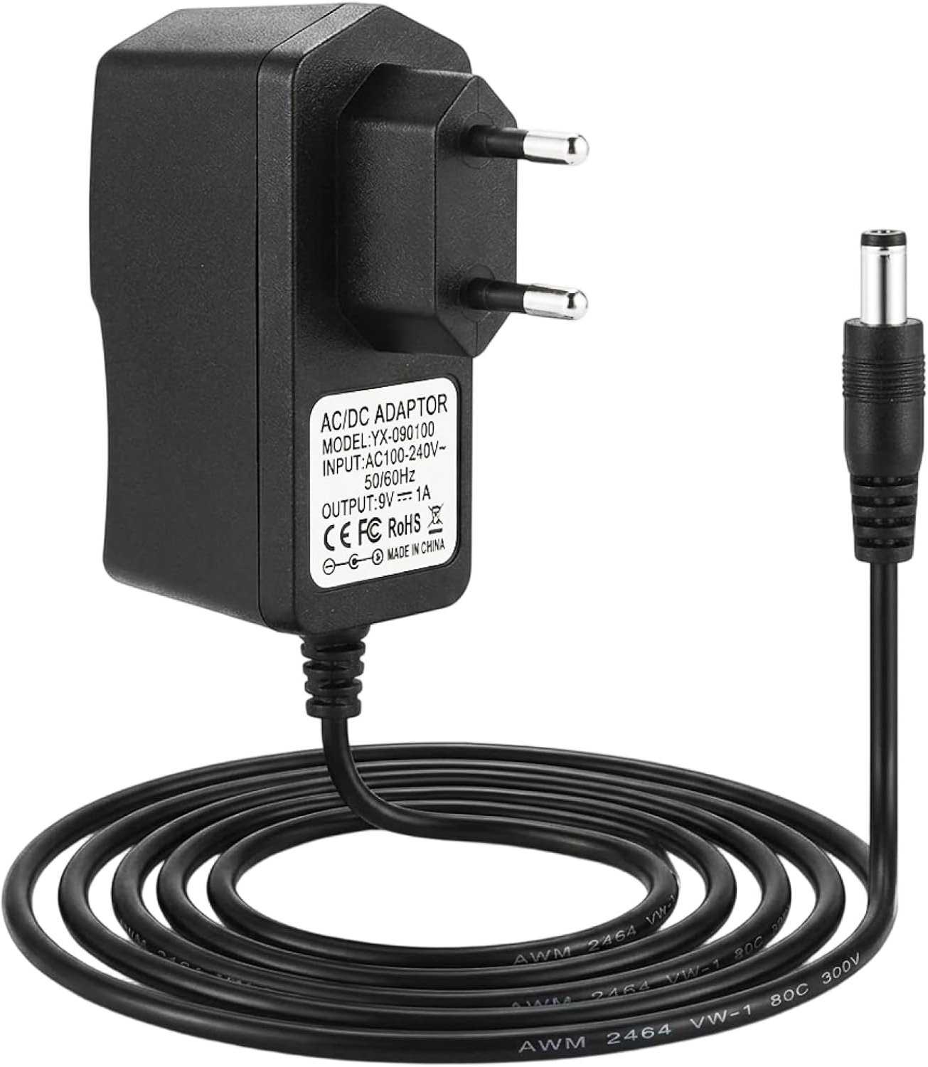 9V Gitaar pedaal voedingsadapter, gitaarpedaal netvoeding 1A, adapter 9V DC 5,5x2,5 mm binnen negatief, stroomvoorziening voor effectpedalen, toetsenborden en muziekinstrumenten