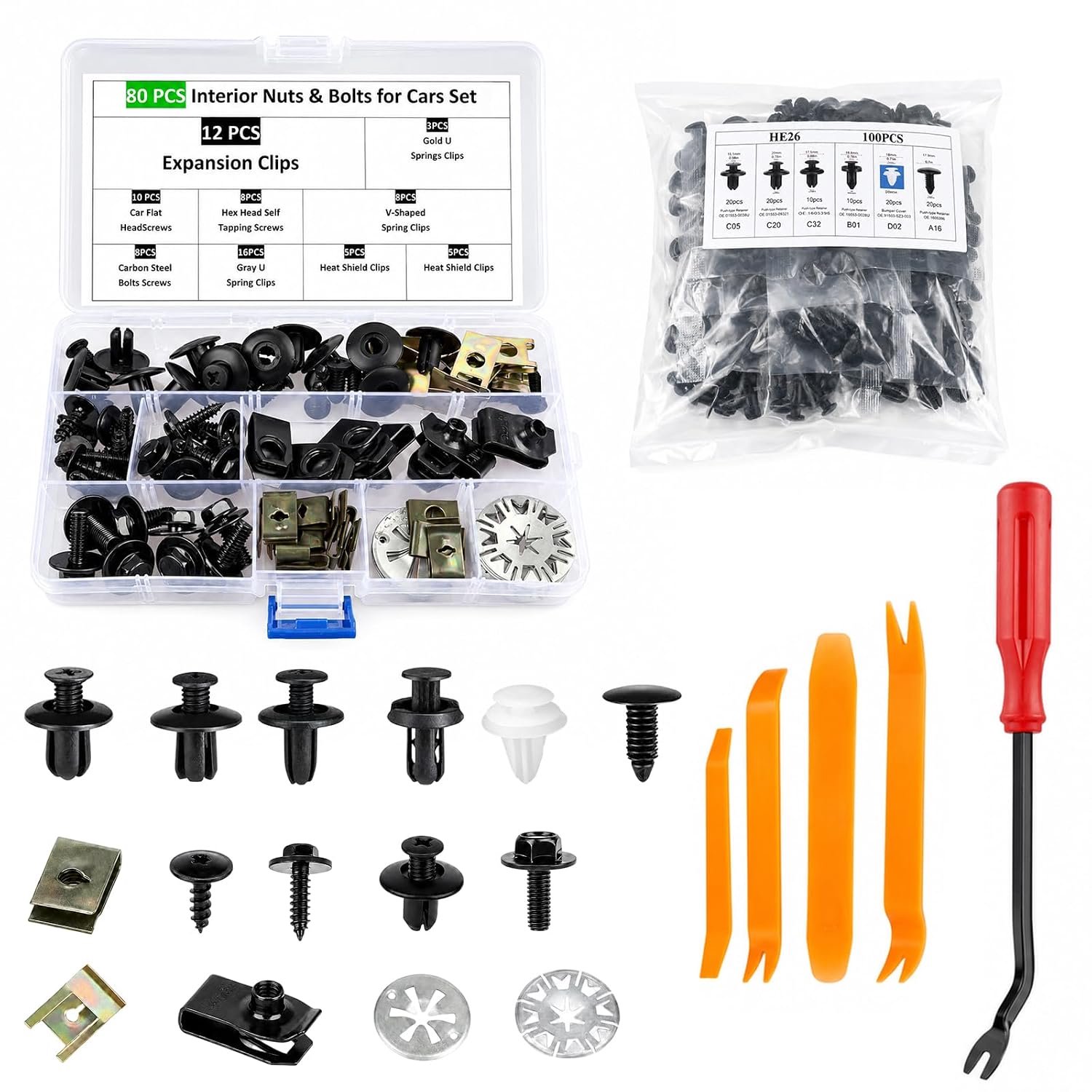Carrosserieschroeven 180 stuks - metalen en nylon bevestigingsclips - roest- en slijtvast - ideaal voor auto-reparaties - Homevero