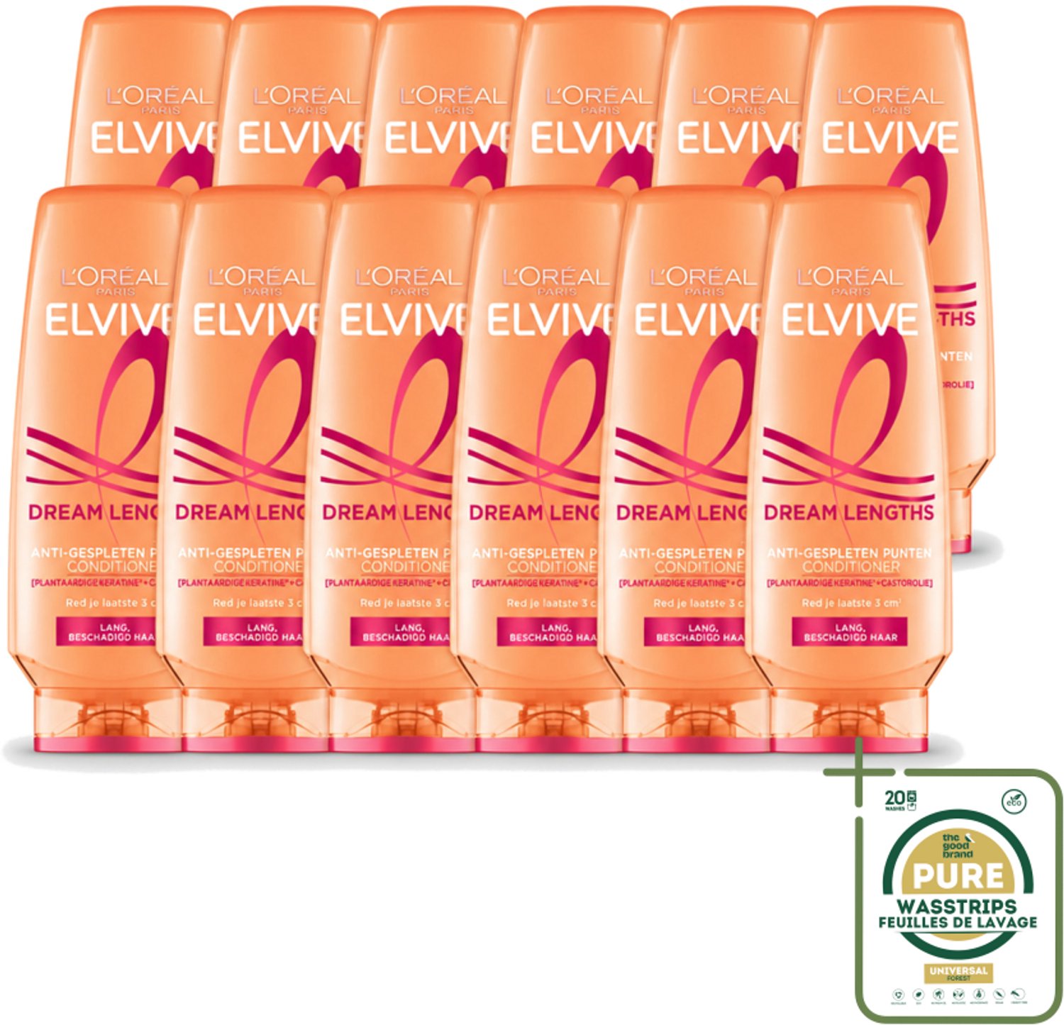 12 x L'Oréal Paris Elvive Dream Lengths - Conditioner - 250 ml - Wasstrips - Lang Haar - Beschadigd Haar - Haar Herstel - Haar Verzorging - Haar Voeding