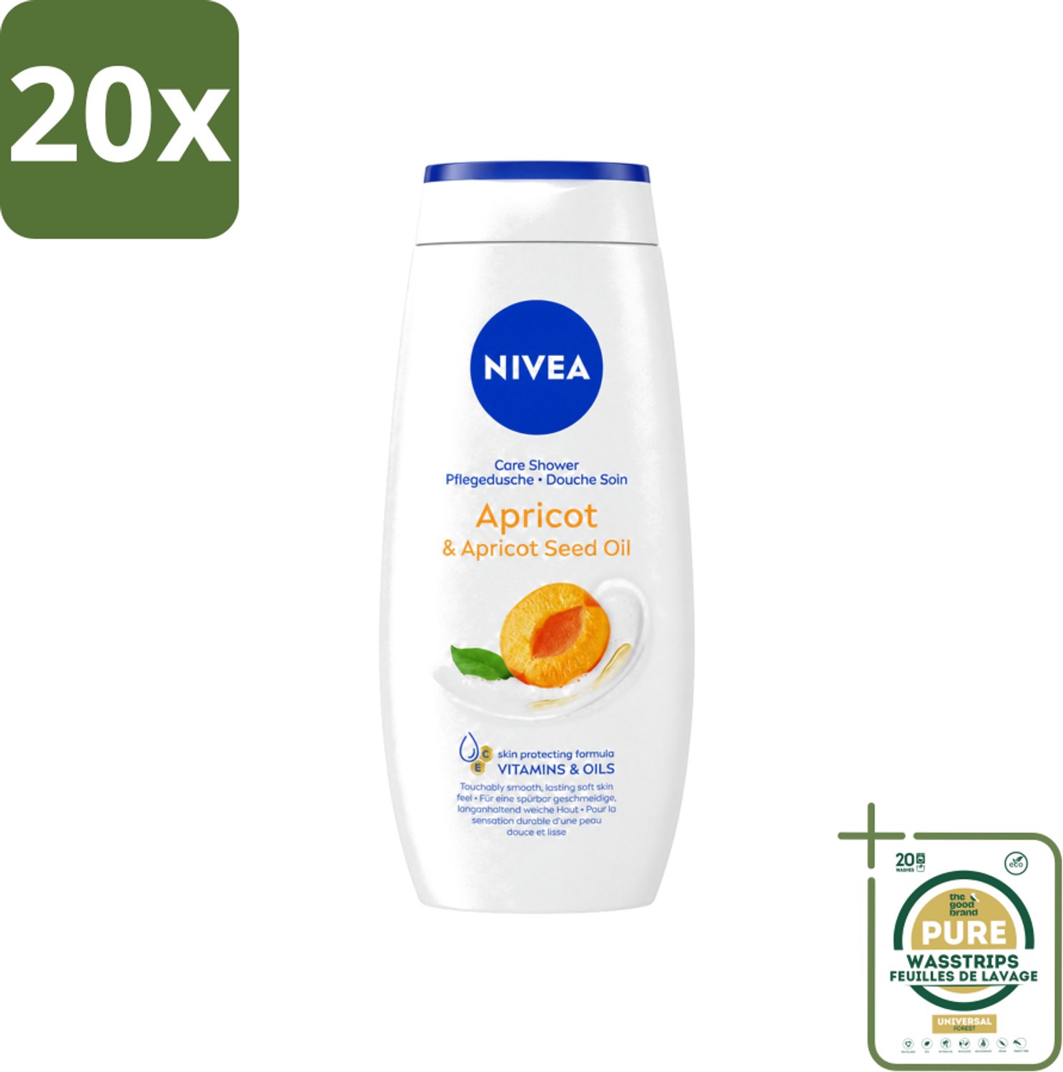 20 x Nivea - Douchegel - Soft Apricot - Huidbeschermend - 250 ml - Wasstrips - Douchegel - Huidbeschermend - Abrikozenpitolie - Druivenpitolie - Vitamine C