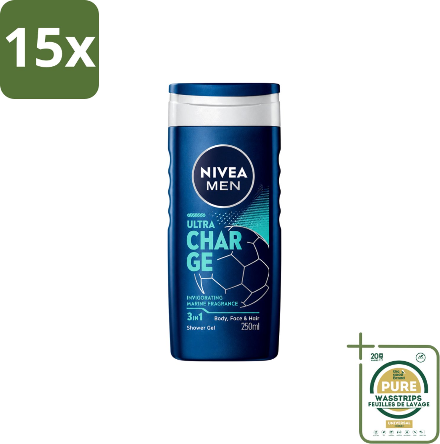 15 x Nivea Men – Douchegel – Ultra Charge – 250 ml - Wasstrips - Douchegel - Mannelijke Geur - Citrusgeur - Houtachtige Geur - Verzorging