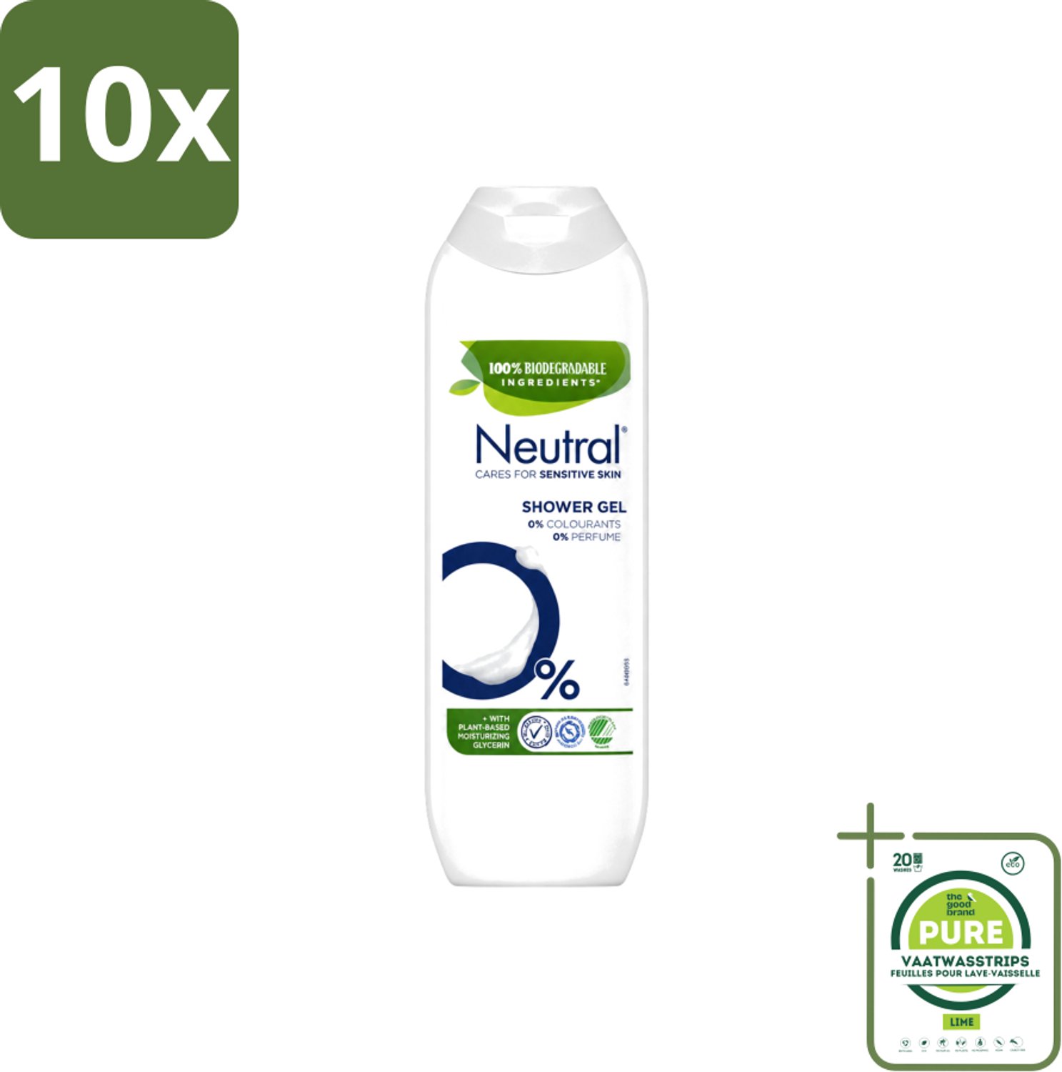 10 x Neutral – Douchegel – Parfumvrij – 250 ml - Grootverpakking - Vaatwasstrips - Gevoelige Huid - Douchegel - Parfumvrij - Allergie - Huidverzorging