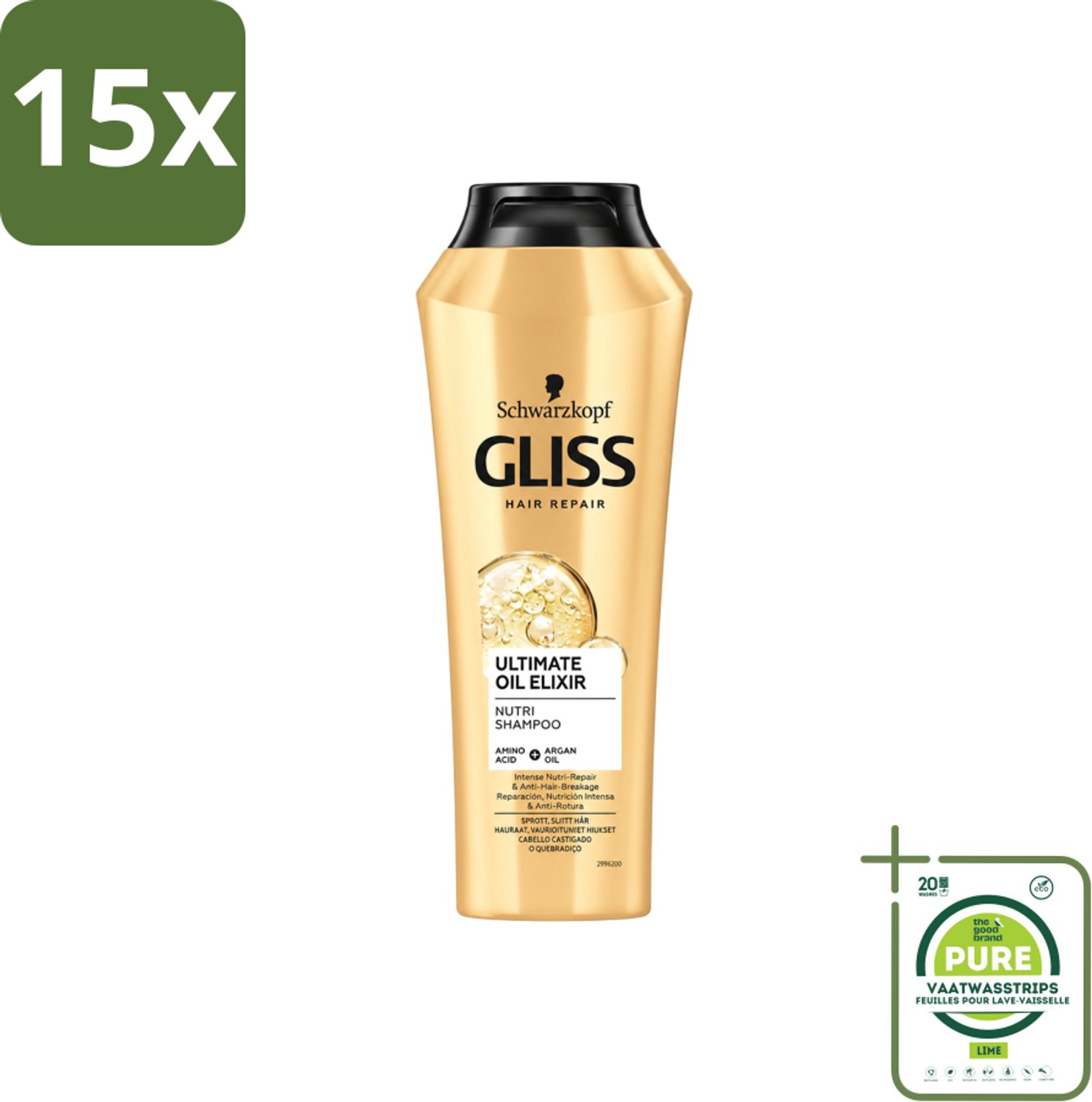 15 x Gliss Kur – Shampoo – Ultimate Oil Elixir – 250 ml - Grootverpakking - Vaatwasstrips - Droog Haar - Beschadigd Haar - Voedend Shampoo - Herstel Shampoo - Keratine Shampoo