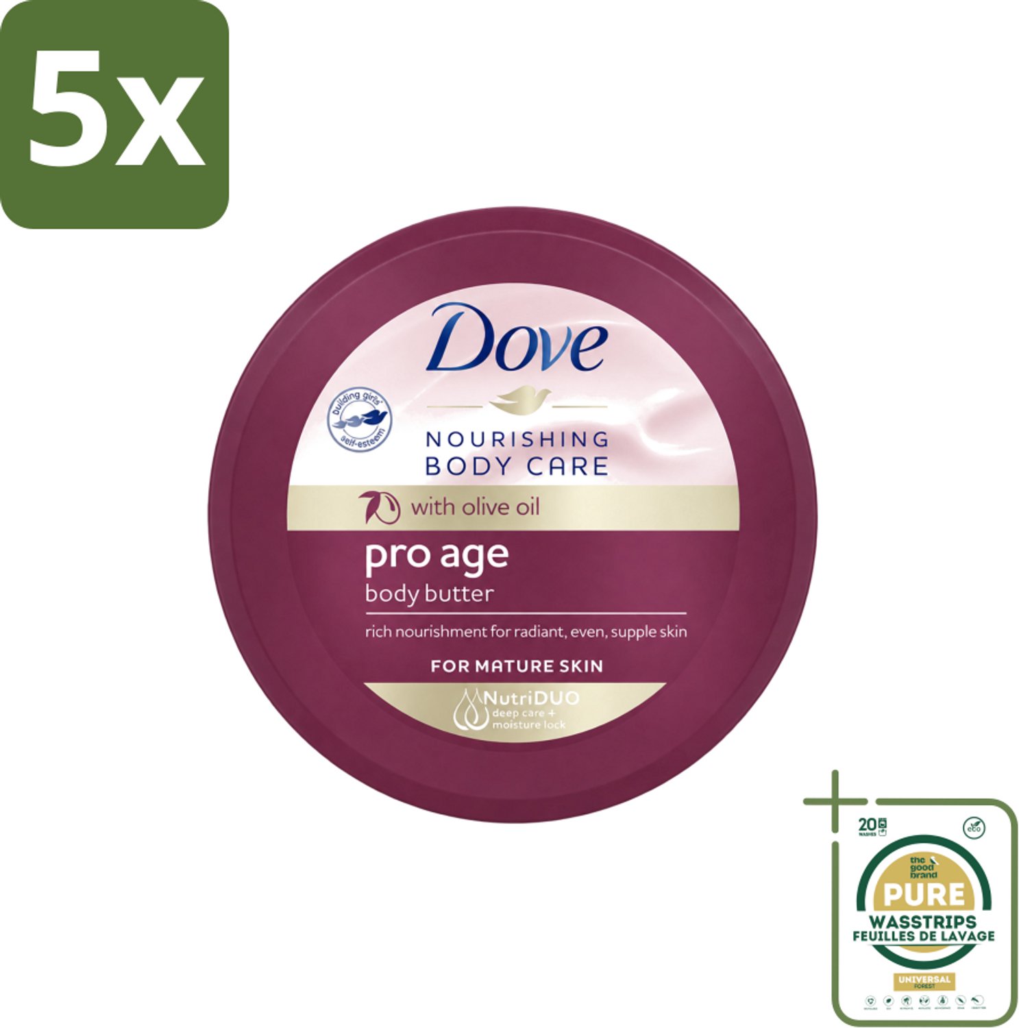 5 x Dove – Bodycrème – Pro Age – 250 ml - Wasstrips - Huid Verzorging - Rijpe Huid - Huidelasticiteit - Hydratatie - Bodycrème