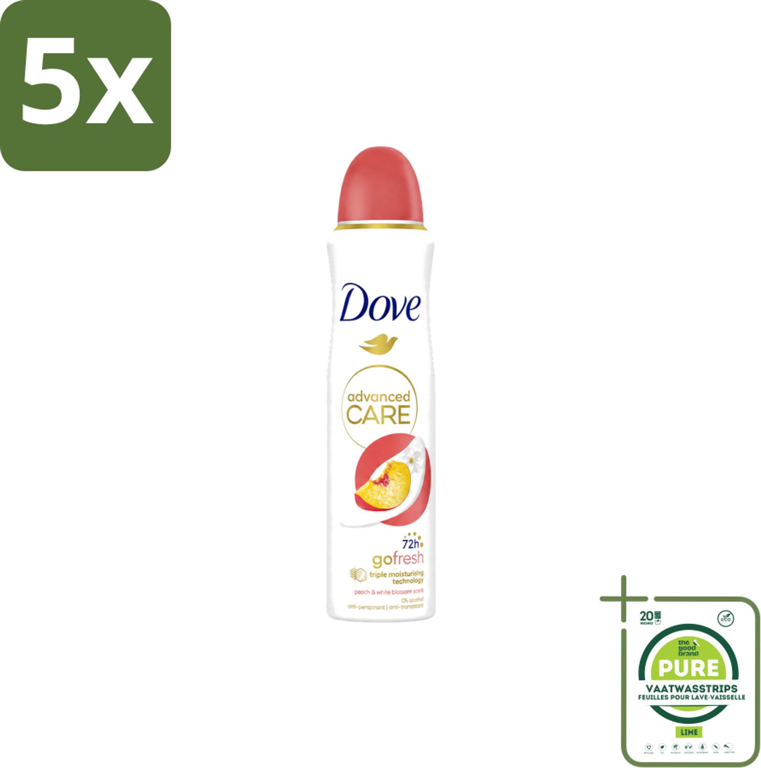5 x Dove – Deodorant Spray – Peach & White Blossom – 150 ml - Grootverpakking - Vaatwasstrips - Deodorant Spray - Fris - Okselhuid Verzorging - Perzik En Witte Bloesem - Alcoholvrije Deodorant