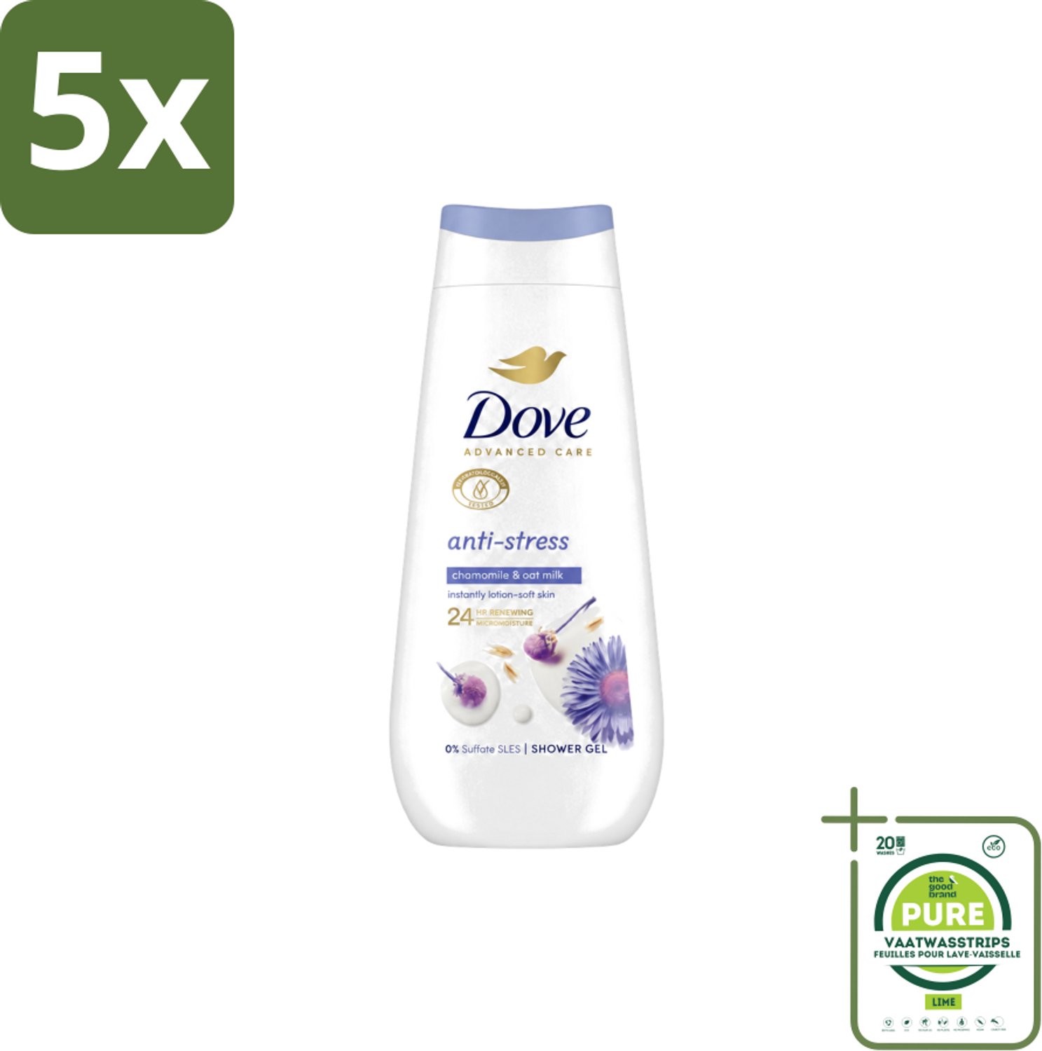 5 x Dove – Douchecrème – Anti-Stress – 225 ml - Grootverpakking - Vaatwasstrips - Douchecrème Anti-stress - Ontspannende Douchecrème - Droge Huid Verzorgen - Hydratatie - Blauwe Kamille