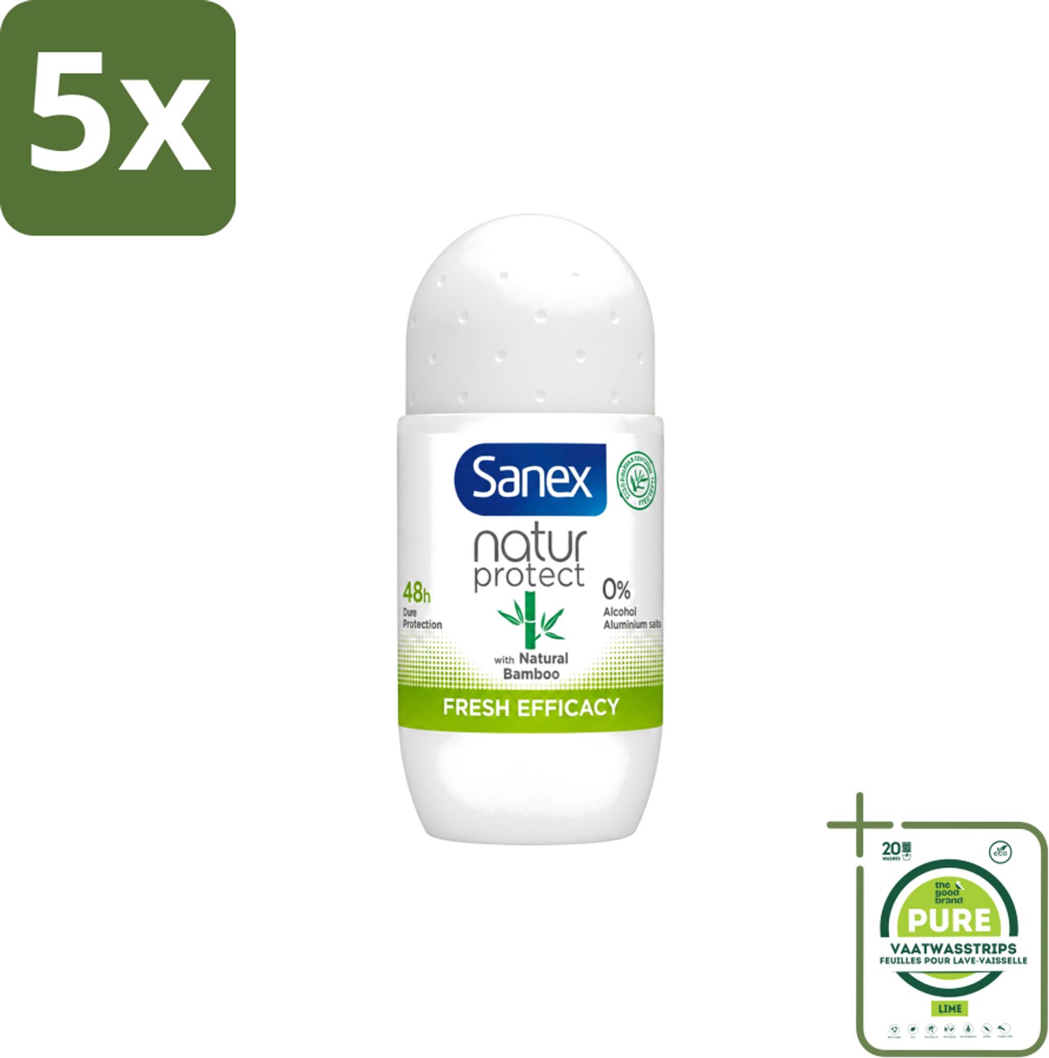 5 x Sanex – Deo Roll-on – Bamboo Fresh Efficacy – 50 ml - Grootverpakking - Vaatwasstrips - Deodorant Roll-on - Bamboe Geur - Natuurlijke Frisheid - Huidcomfort - Geurcontrole