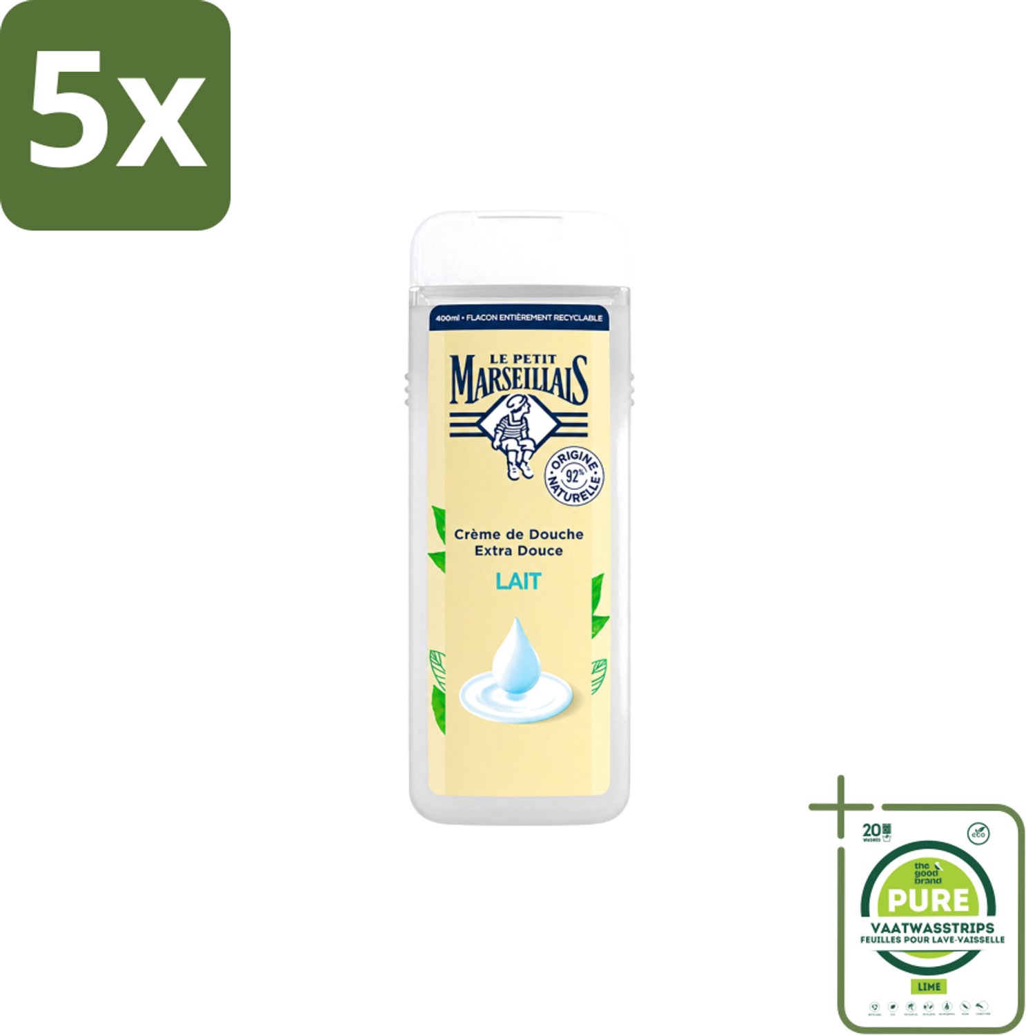 5 x Le Petit Marseillais – Douchecrème – Lait – 400 ml - Grootverpakking - Vaatwasstrips - Douchecrème - Huid Verzorging - Hydraterende Douchecrème - Zachte Huid - Natuurlijke Douchecrème
