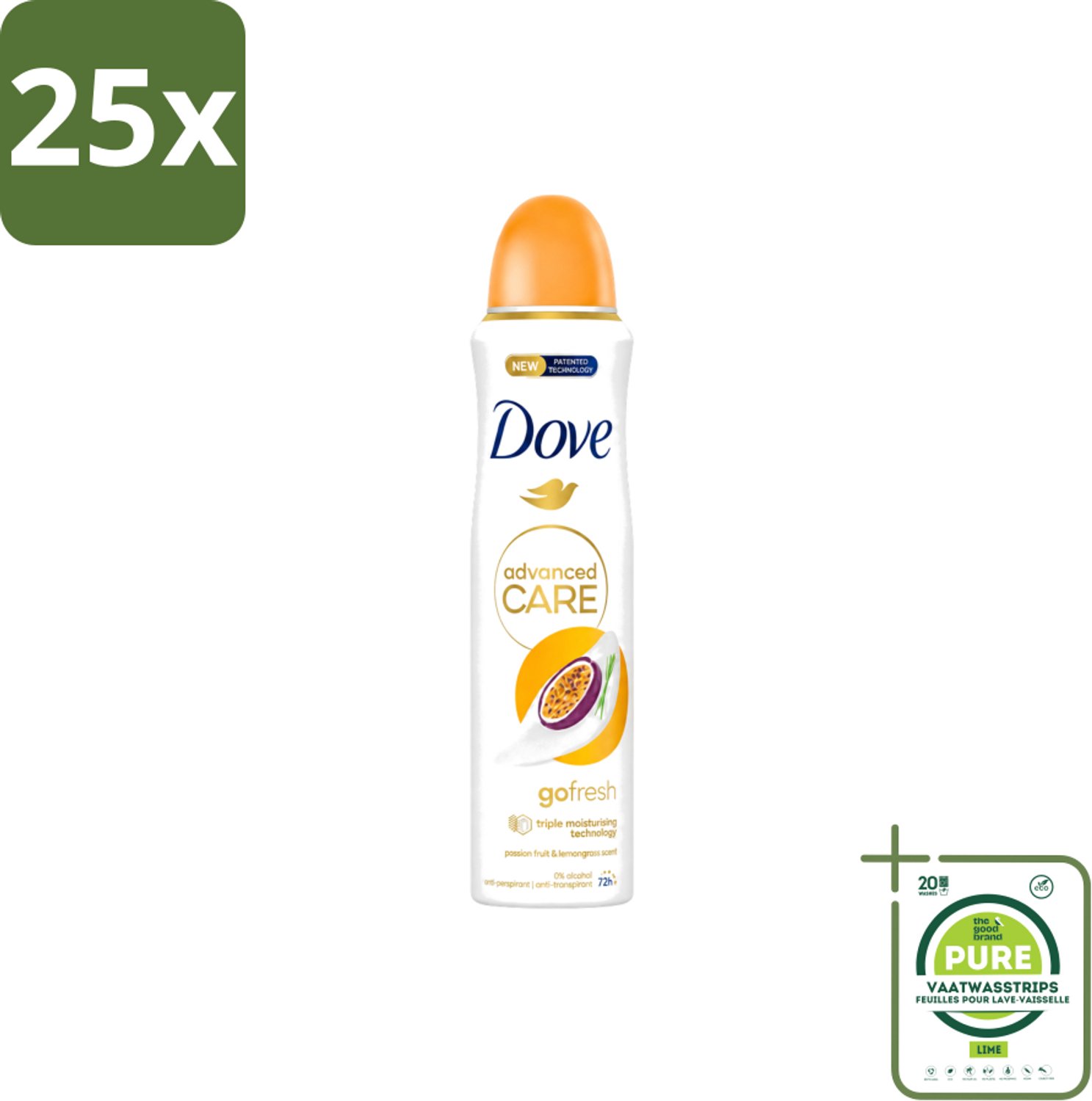 25 x Dove – Deodorant Spray – Passion Fruit – 250 ml - Grootverpakking - Vaatwasstrips - Passievrucht Deodorant - Frisse Geur - Oksel Verzorging - Transpiratiegeur - Mild Voor Huid