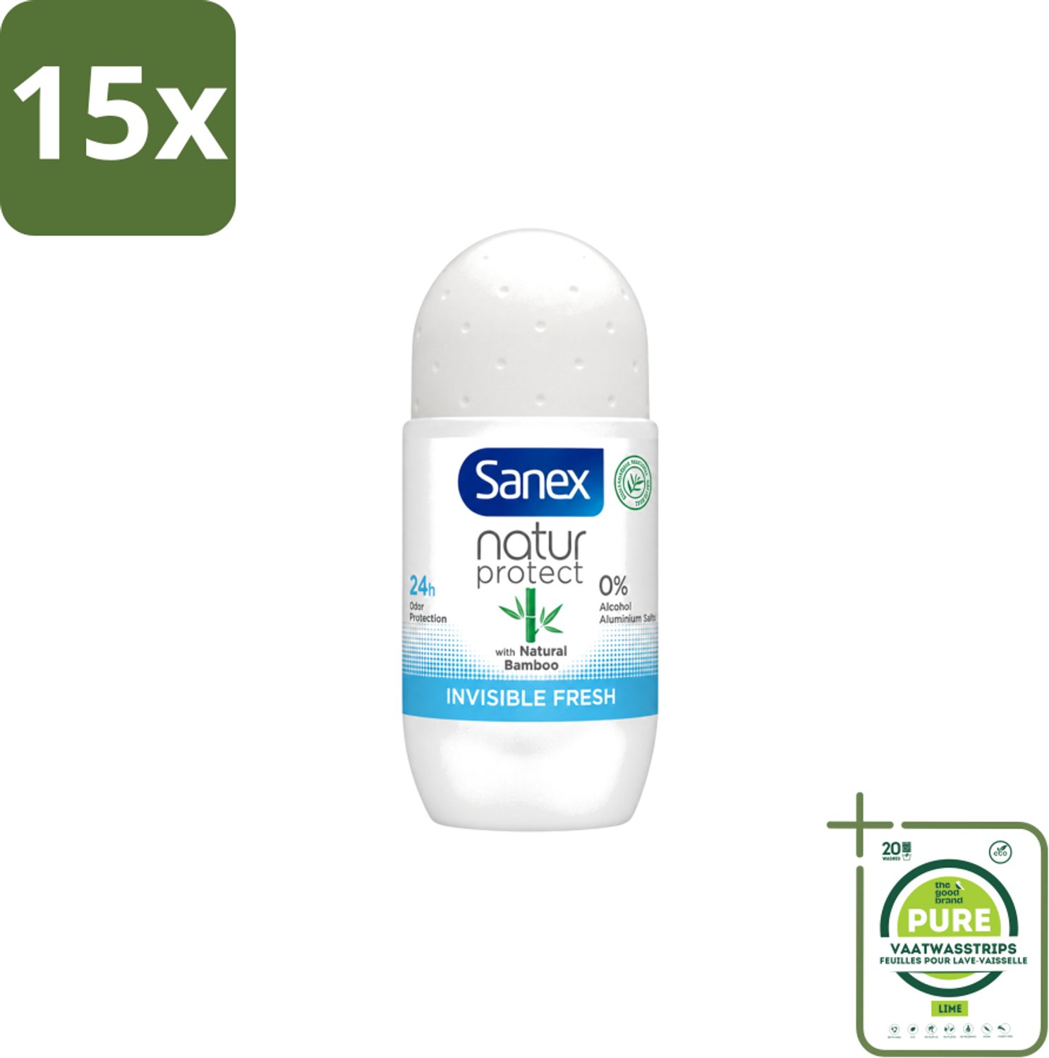 15 x Sanex – Deo Roll-on – Bamboo Invisible Fresh – 50 ml - Grootverpakking - Vaatwasstrips - Deodorant Roll-on - Bamboe - Natuurlijke Frisheid - Kledingbescherming - Witte Vlekken Voorkomen