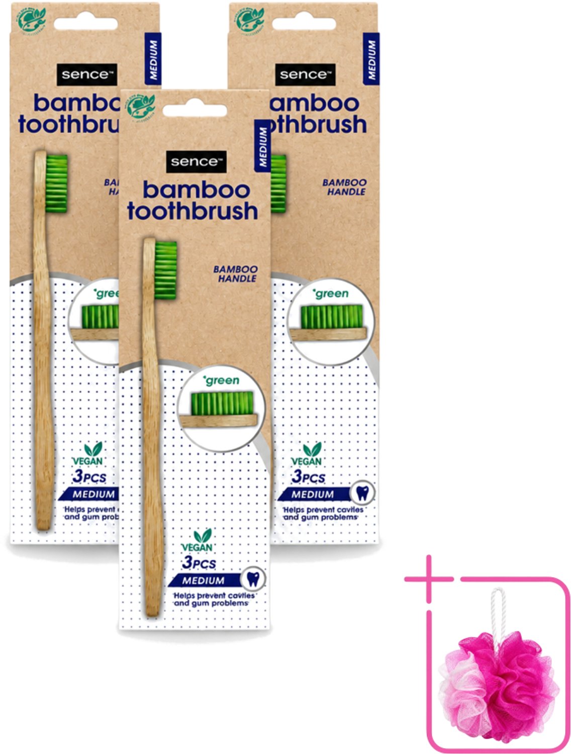 3 x Sence - Bamboo - Tandenborstels - Medium - Set van 3 - Groen - Bulkverpakking - Tandenborstel - Douchemop - Duurzaamheid