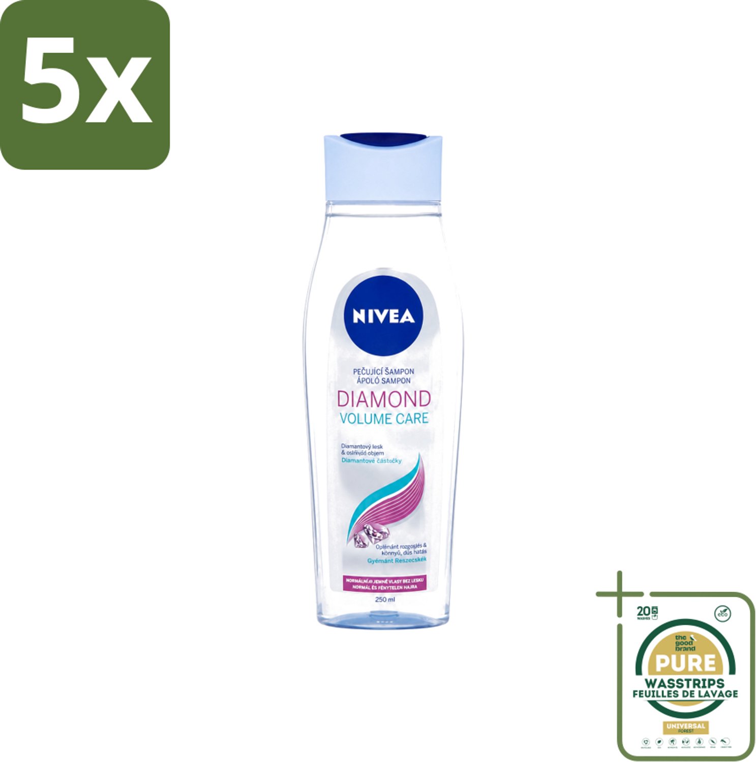 5 x Nivea - Diamond Volume Care Shampoo - 250 ml - Wasstrips - Volume - Glans - Diamantpoeder - Haar Verzorging - Haar Reinigen