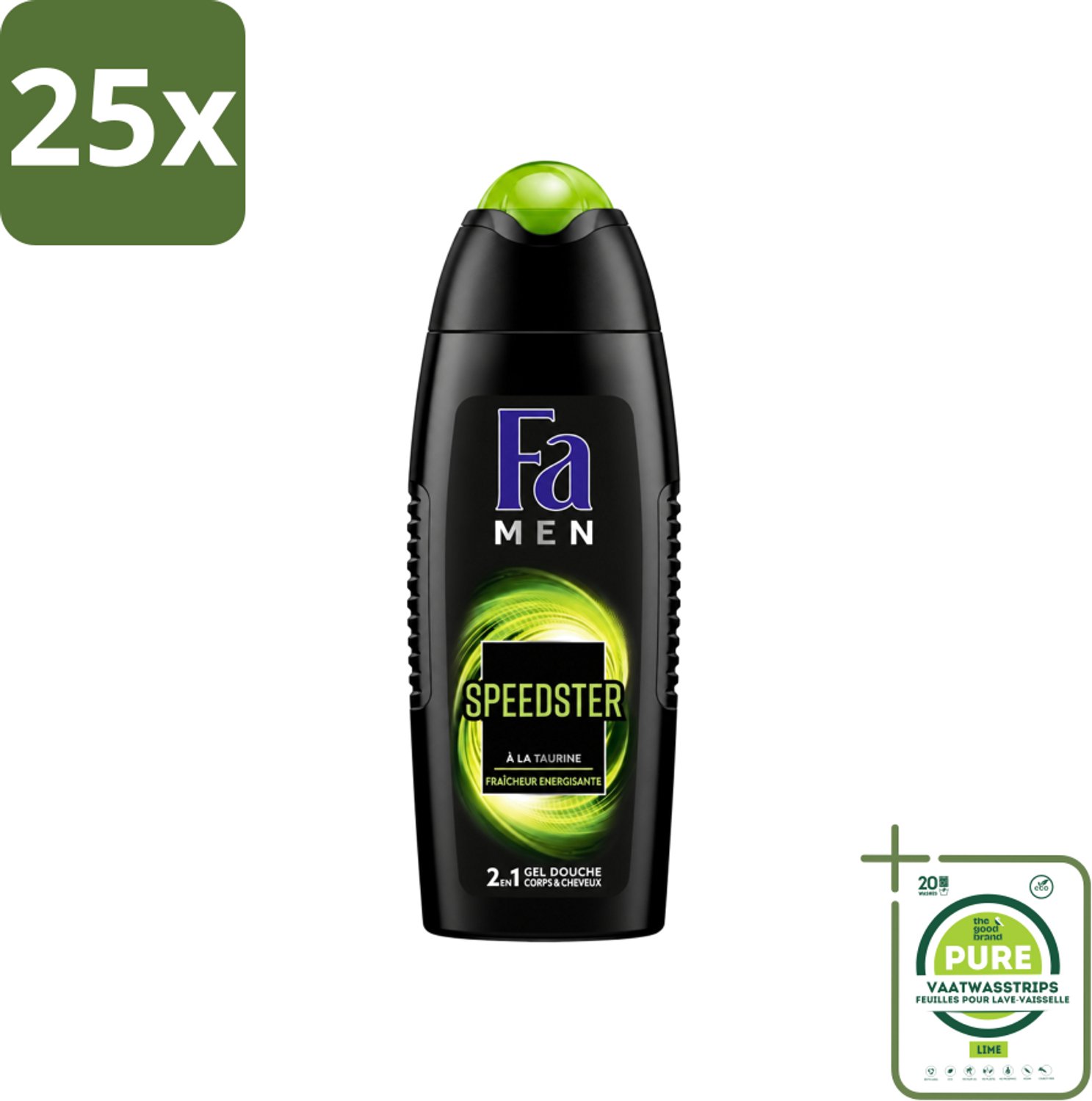 25 x Fa Men - Douchegel - Speedster - Verfrissend & Energiek - Langdurig - 250 ml - Grootverpakking - Vaatwasstrips - Douchegel Mannen - Energie - Verfrissend - Taurine - Langdurig Effect