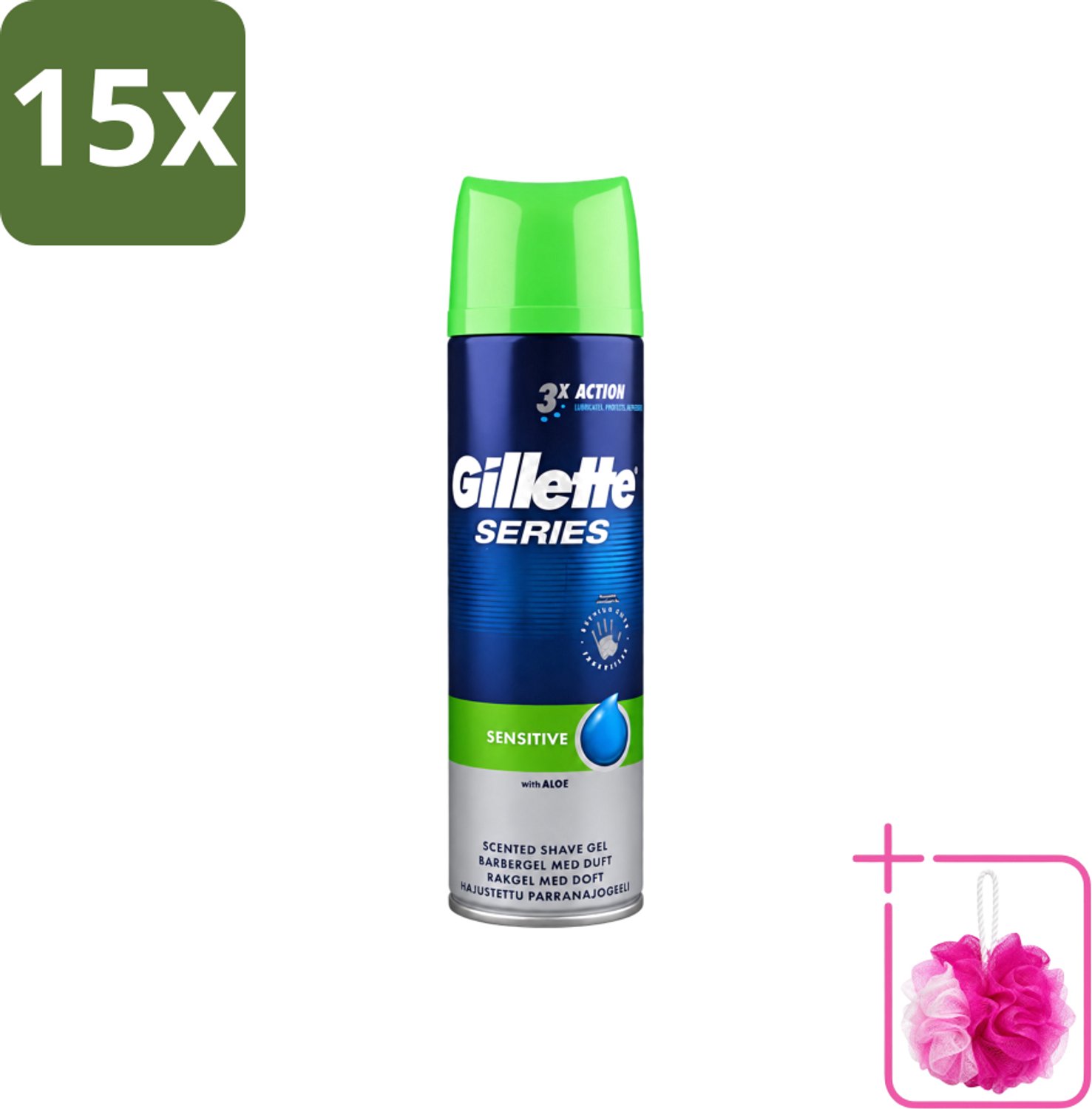 15 x Gillette Series - Scheergel - Sensitive - Aloe Vera - Voor de gevoelige huid - 200 ml - Bulkverpakking - Gevoelige huid - Douchemop - Scheergel
