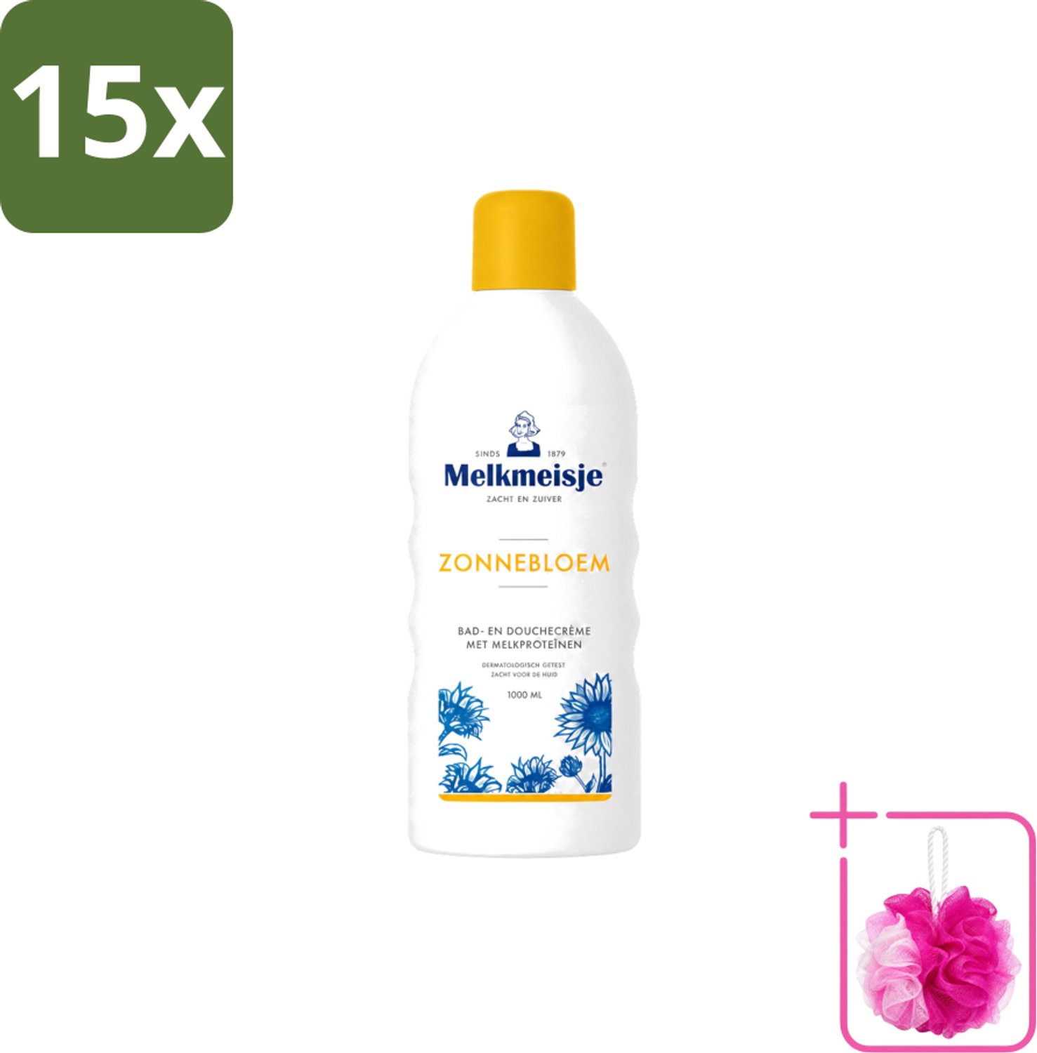 15 x Melkmeisje - Bad & Douche Zonnebloem - Romig Parfum - 1000 ml - Bulkverpakking - Douchecrème - Douchemop - Melkmeisje