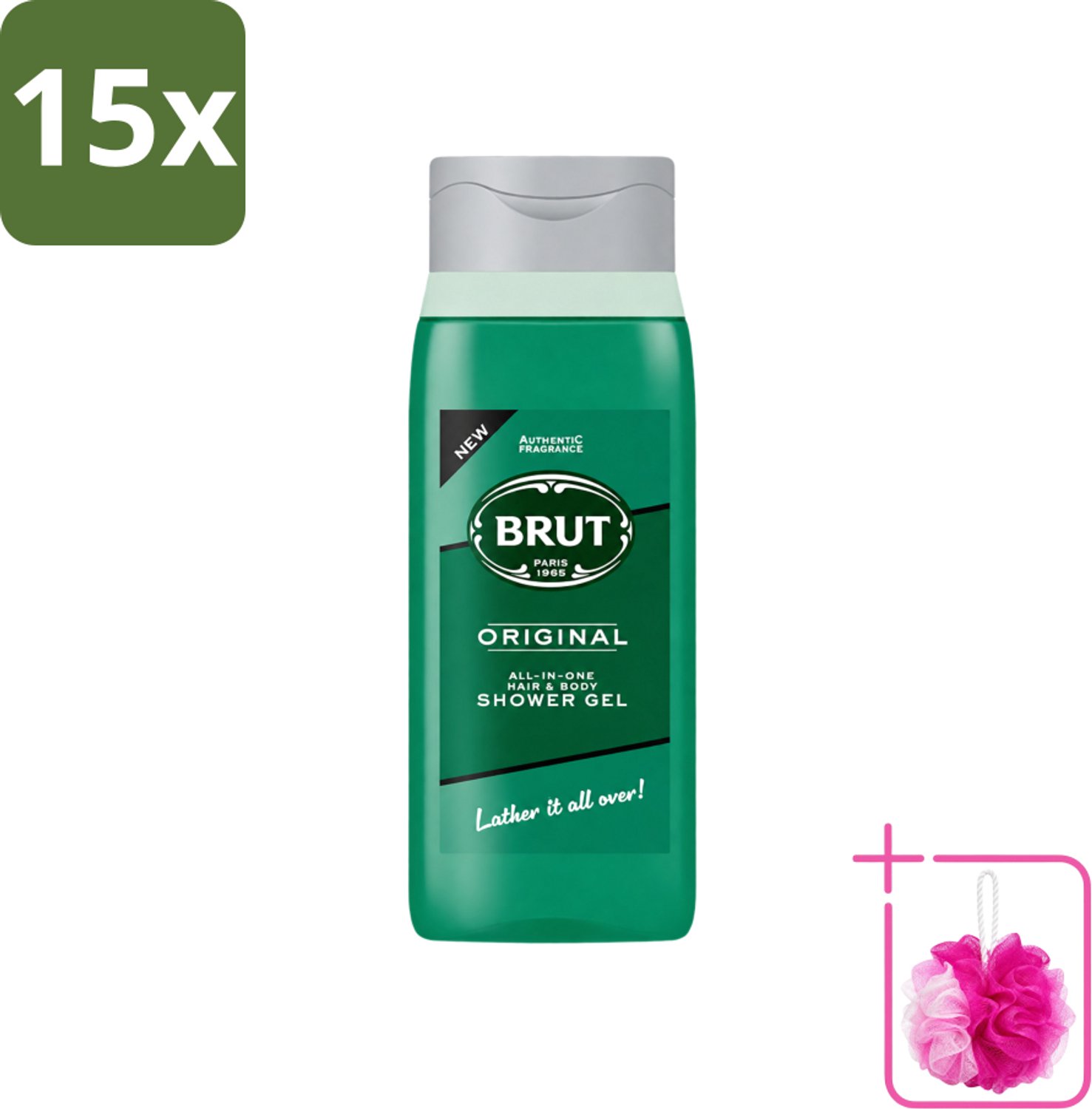 15 x Brut - Douchemiddel - All in One Haar en Body - Original - Verzorgend & Verfrissend - 500ml - Bulkverpakking - Douchegel haar en lichaam - Douchemop - Verzorgende douchegel