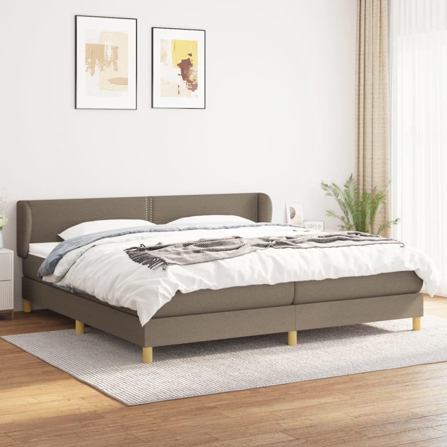 Boxspring met matras stof taupe 200x200 cm pocketvering met verstelbaar hoofdbord middelhard matras voor rug- en buikslapers linnen stof bed met hoofdbordverstelling