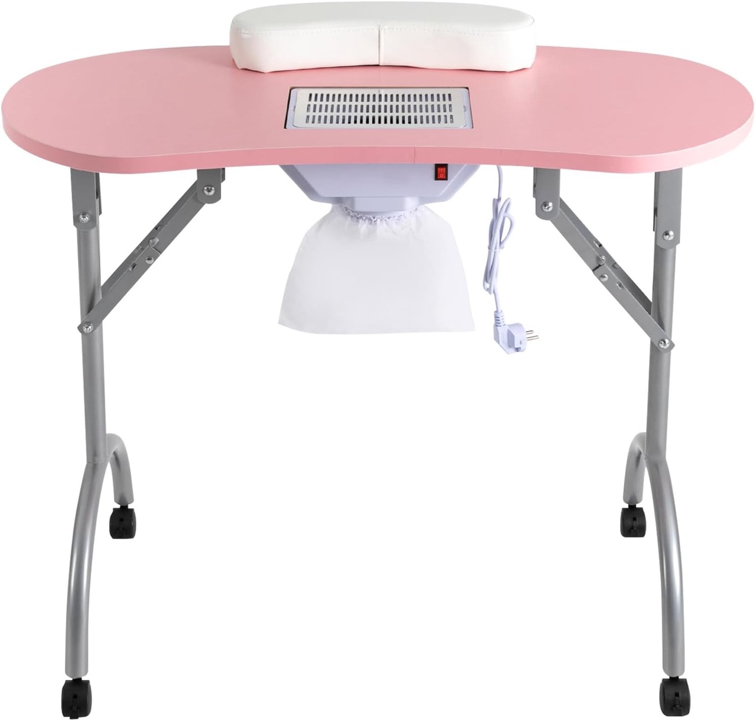 Manicuretafel met afzuiging, opvouwbare nageltafel, manicure tafel, mobiele draagbare manicuretafel met wieltjes, handkussen, stofzak, draagtas, 20 kg - 90 x 40 x 73 cm, roze