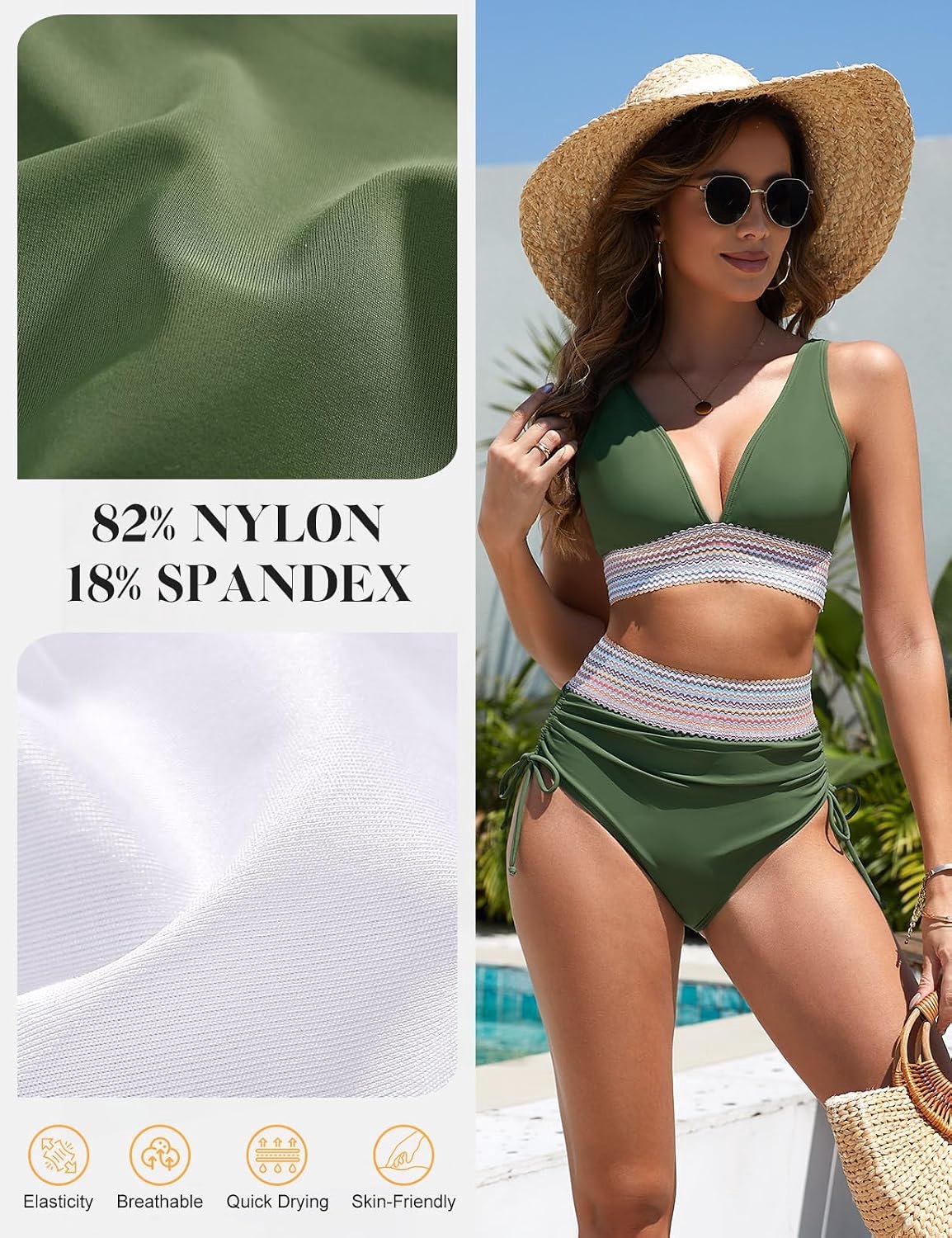Sexy badpakken voor dames, bikiniset met push-up, V-hals, gewatteerd zwemkleding, tweedelig badpak met trekkoord, dames zwempak, kleurblok bikinibovenstuk met hooggetailleerd broekje