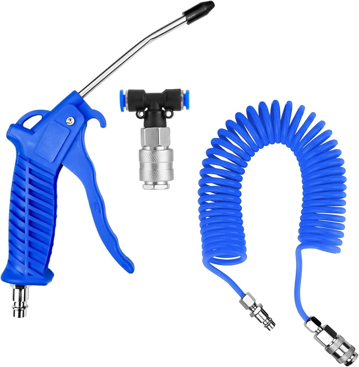 Persluchtpistool met 5 m spiraalslang, Air Duster blaaspistool met T-stuk snelkoppeling, voor vrachtwagen, auto, boot, blauw
