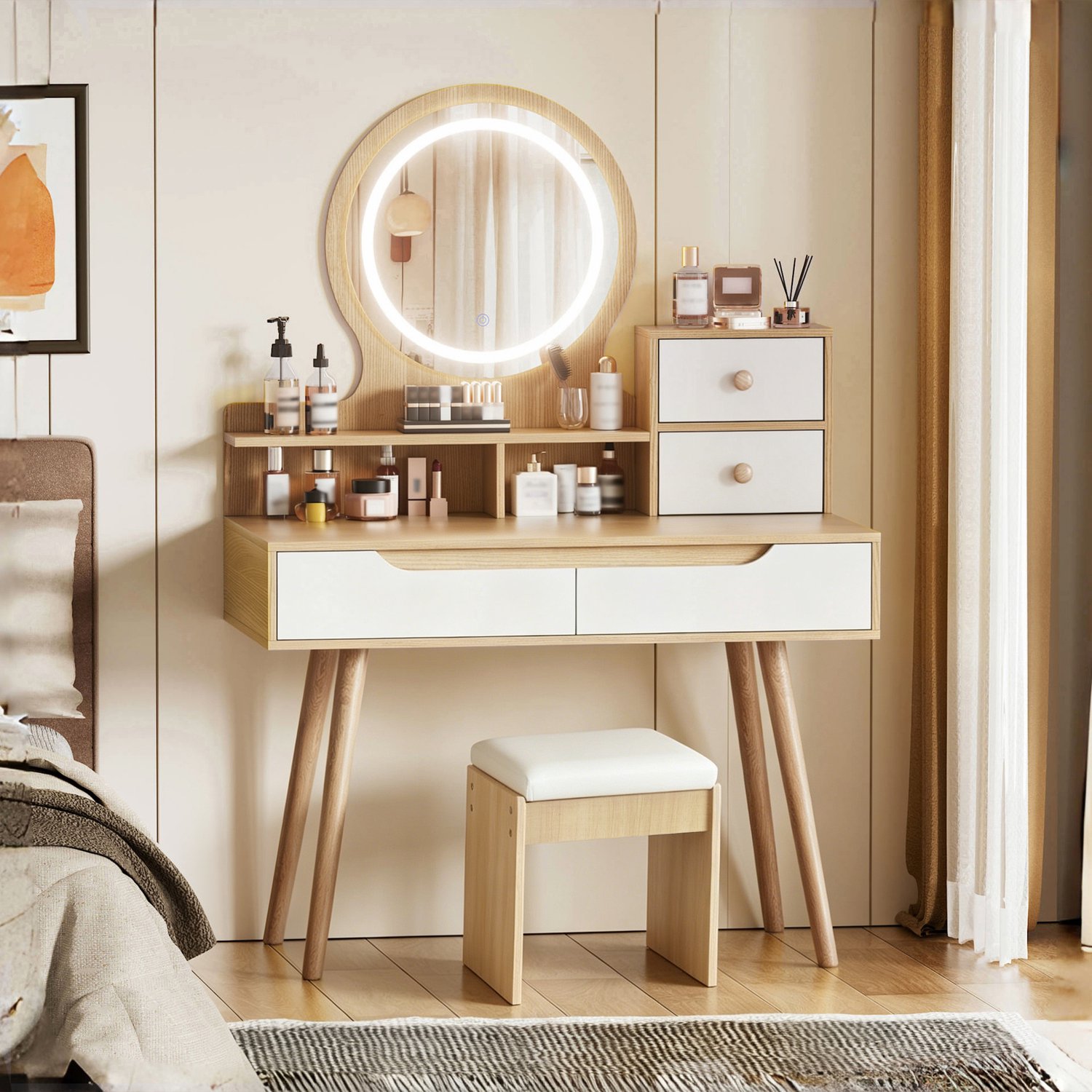DantefHandels Kaptafel kaptafel met spiegel en led-verlichting, grote Arbeitsfläche, 2 grote laden en 2 kleine kasten, B80/H135/T40cm natural wood