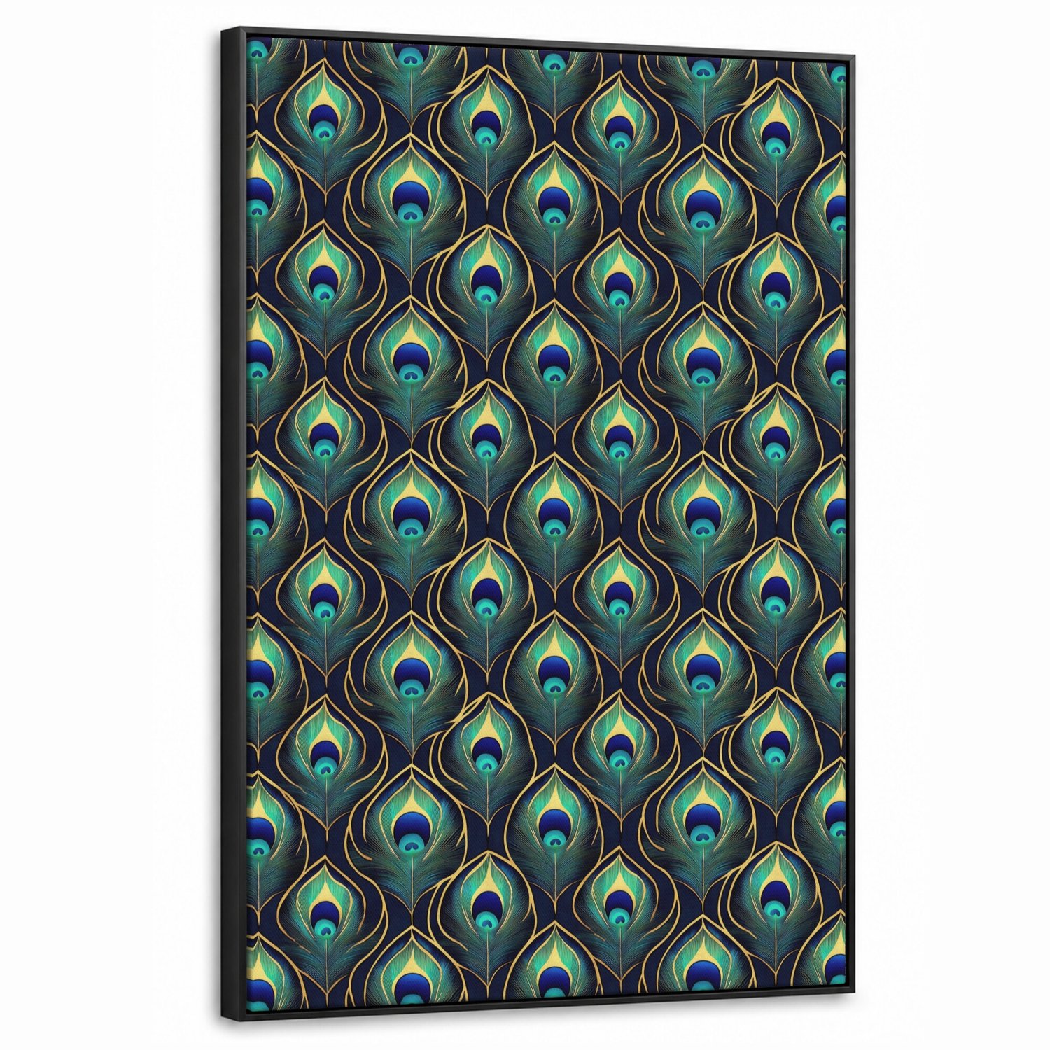 Canvas Schilderij met Baklijst 60x90cm - Pauw - Veren - Groen - Muurdecoratie woonkamer - Slaapkamer decoratie - Kamer accessoires - Schilderijen op canvas met lijst