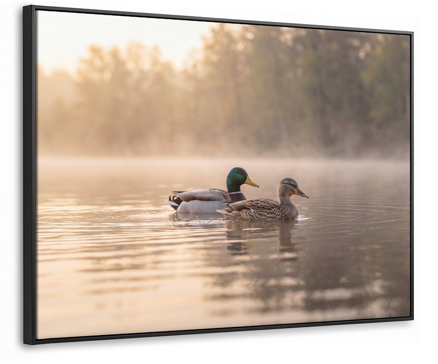 Canvas Schilderij met Baklijst 80x60cm - Eenden - Water - Mist - Natuur - Muurdecoratie woonkamer - Slaapkamer decoratie - Kamer accessoires - Schilderijen op canvas met lijst