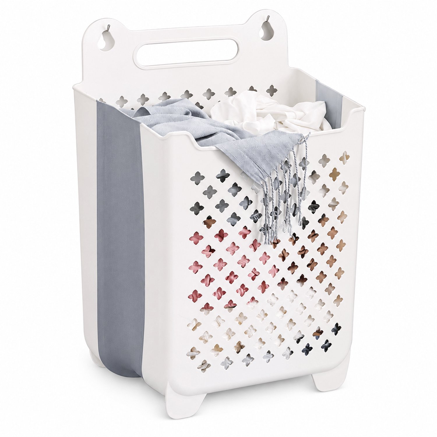 Extra grote witte opvouwbare wasmand voor wandmontage, met opengewerkt mandlichaam en geïntegreerde handgreep, voor de badkamer