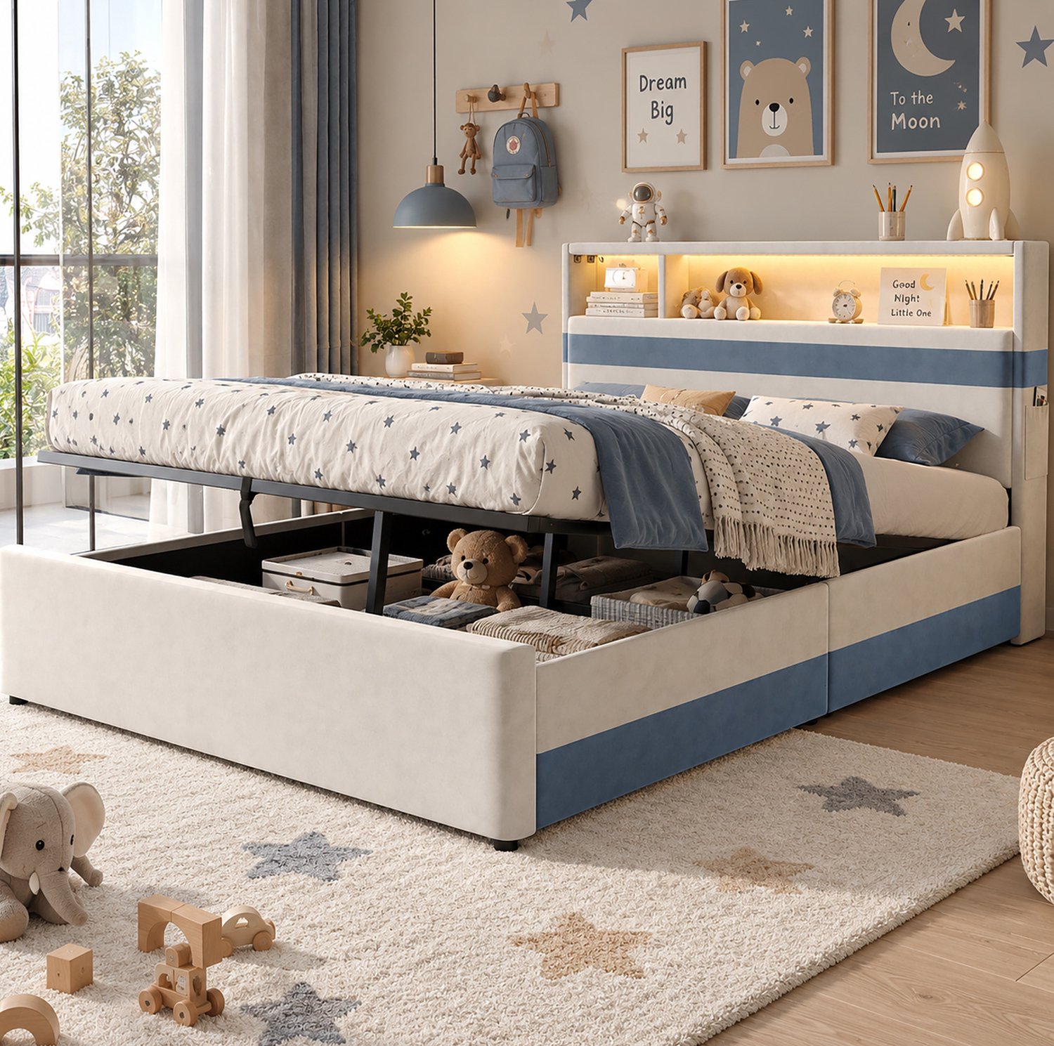 Wishdor Tweepersoonsbed 140x200 cm - Hydraulische opbergruimte - Lattenbodem - Hoofdbord met LED, USB en opbergvakken - Fluwelen bekleding - Wit en blauw - Slaapkamer en tienerkamer