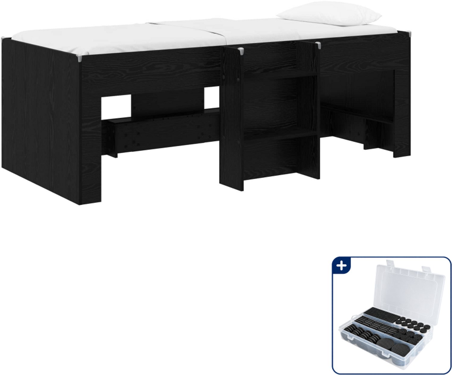 vidaXL kinder hoogslaper - 100 x 200 cm - bewerkt hout - zwart eiken - Inclusief antikrasvilt 177-delig