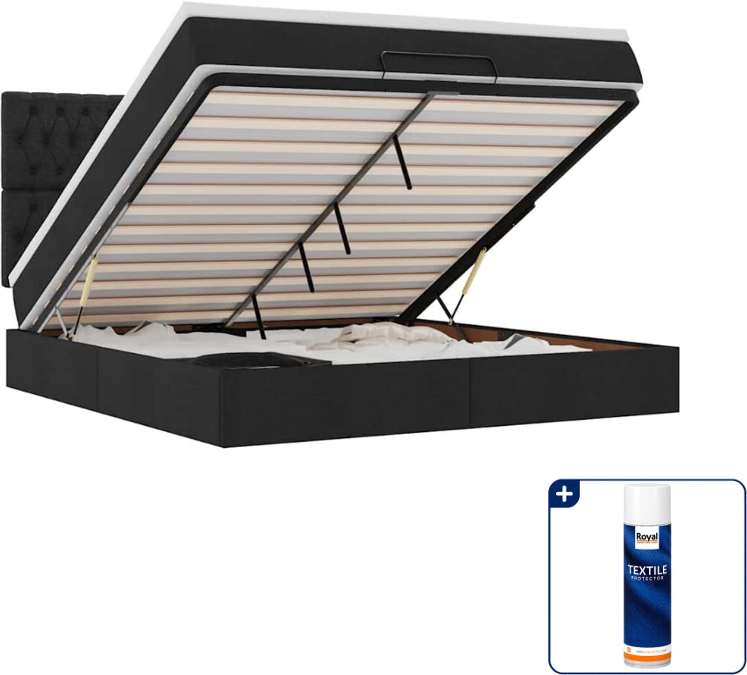 vidaXL Kingsize ottoman bed met matras en LED - 180 x 200 cm - zwart - Inclusief textielbeschermer 500 ml Blauw