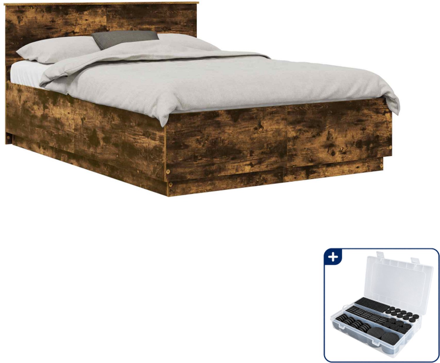 vidaXL bedframe met hoofdeinde - 150 x 200 cm - bewerkt hout - gerookt eiken - Inclusief antikrasvilt 177-delig Wit