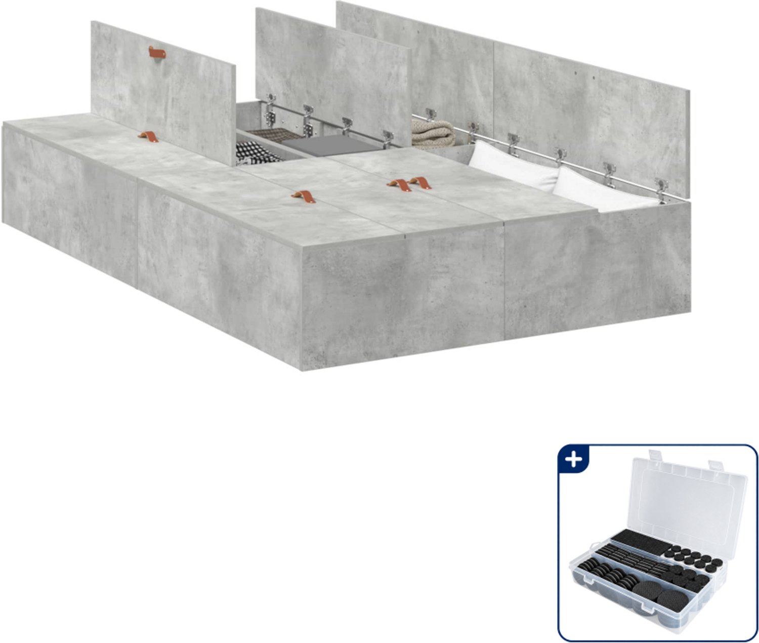 vidaXL opbergbedframe - 120 x 200 cm - beton grijs - Inclusief antikrasvilt 177-delig