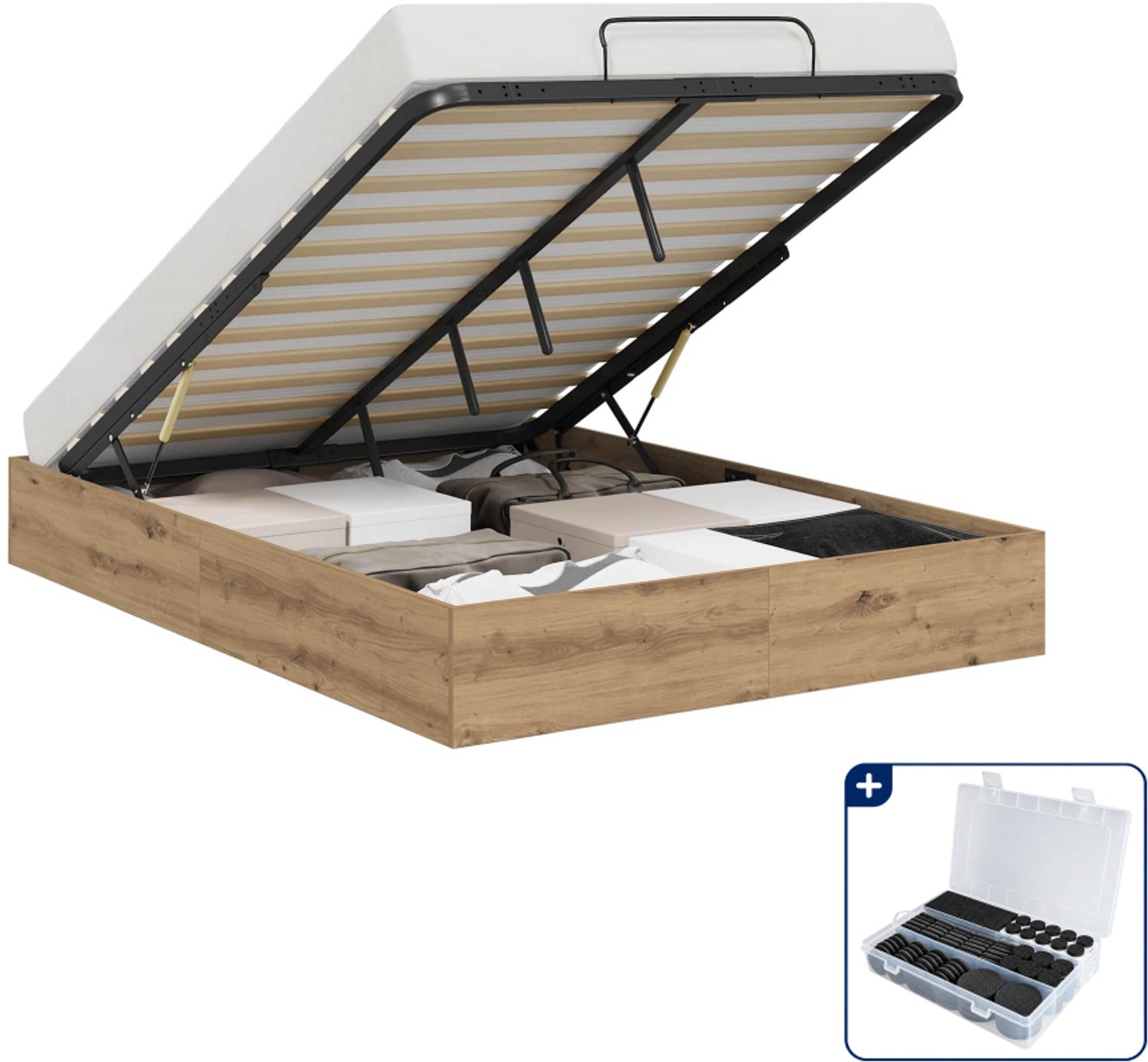 vidaXL Ottoman bedframe - Small double - 140 x 200 cm - artisan eik - Inclusief antikrasvilt 177-delig Wit