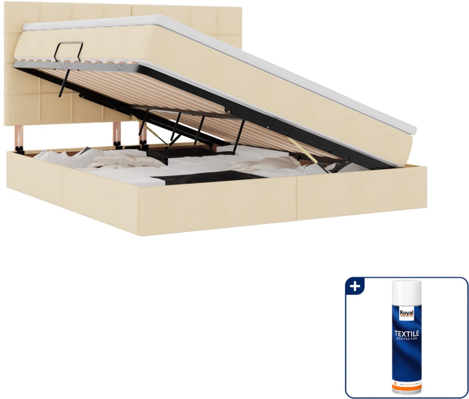 vidaXL Kingsize opbergbed met matras - 180 x 200 cm - crème - Inclusief textielbeschermer 500 ml Lichtgrijs