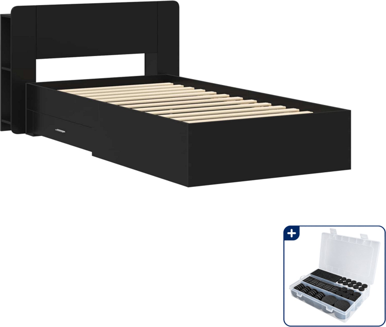 vidaXL bedframe met opslag - 75 x 190 cm - bewerkt hout - zwart - Inclusief antikrasvilt 177-delig