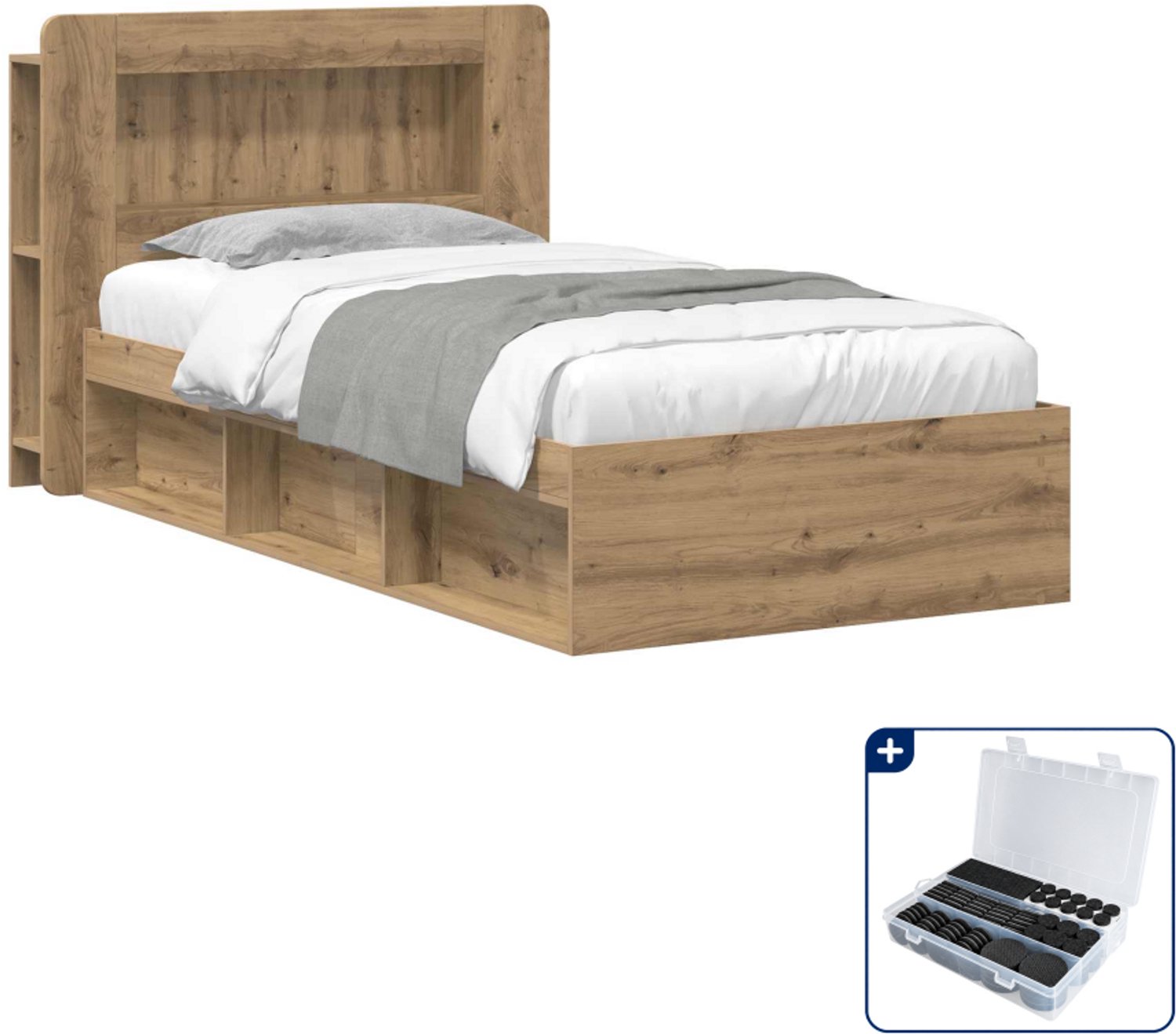 vidaXL bedframe met opslag - 90 x 190 cm - bewerkt hout - artisanaal eiken - Inclusief antikrasvilt 177-delig Bruin