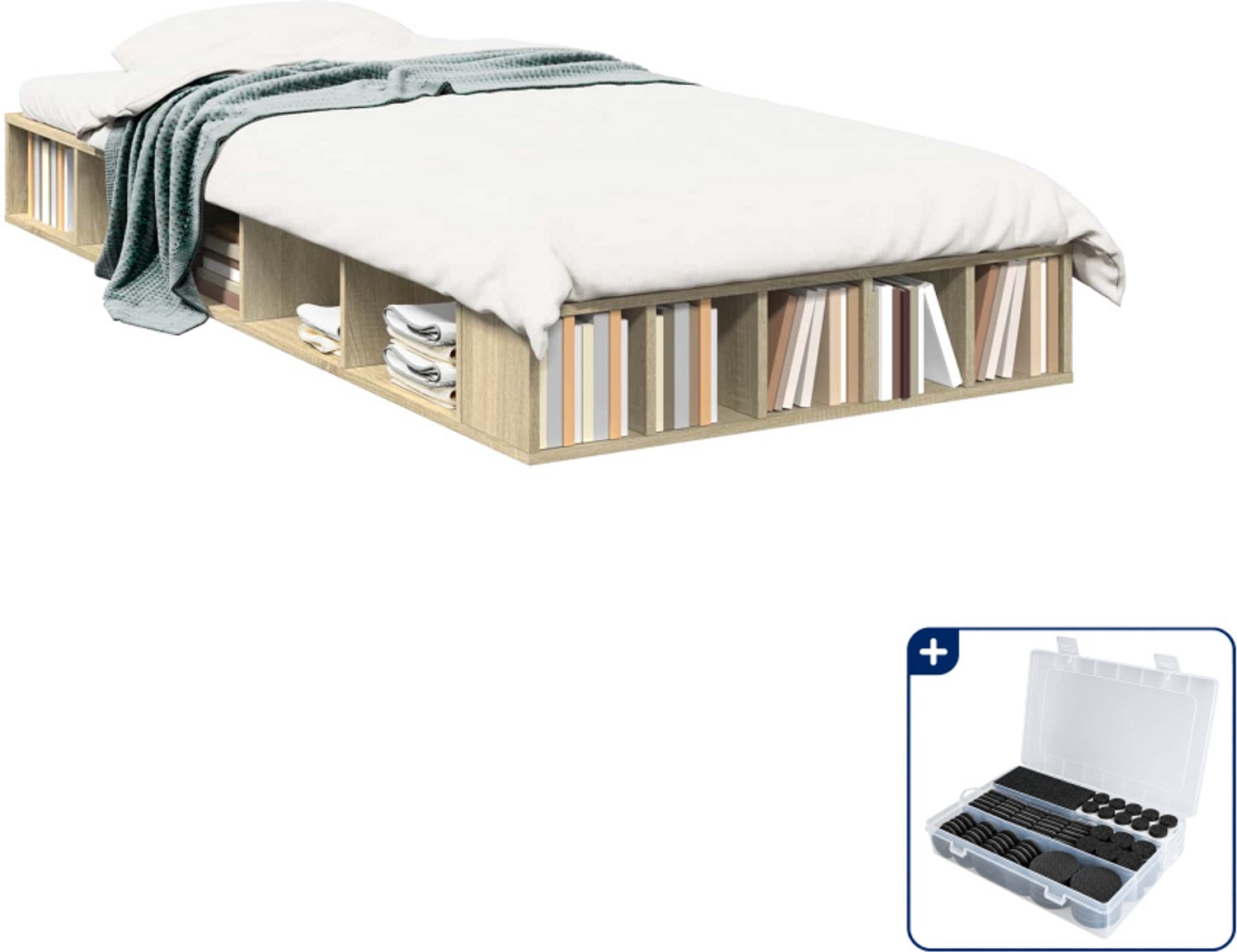 vidaXL bedframe met opbergruimte - 80 x 200 cm - bewerkt hout - sonoma eiken - Inclusief antikrasvilt 177-delig Bruin