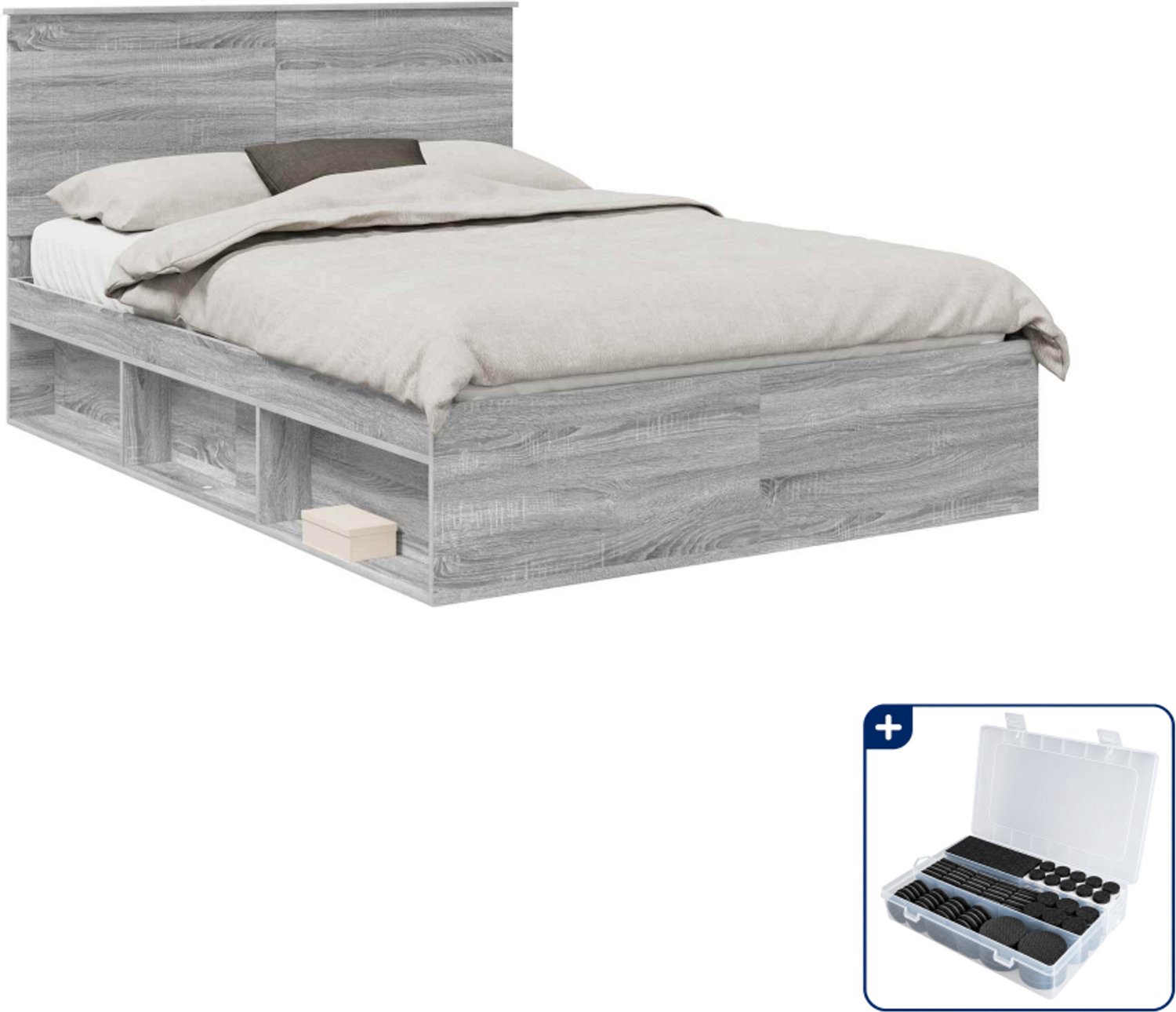 vidaXL Bedframe - 135 x 190 cm - grijs sonoma - Inclusief antikrasvilt 177-delig