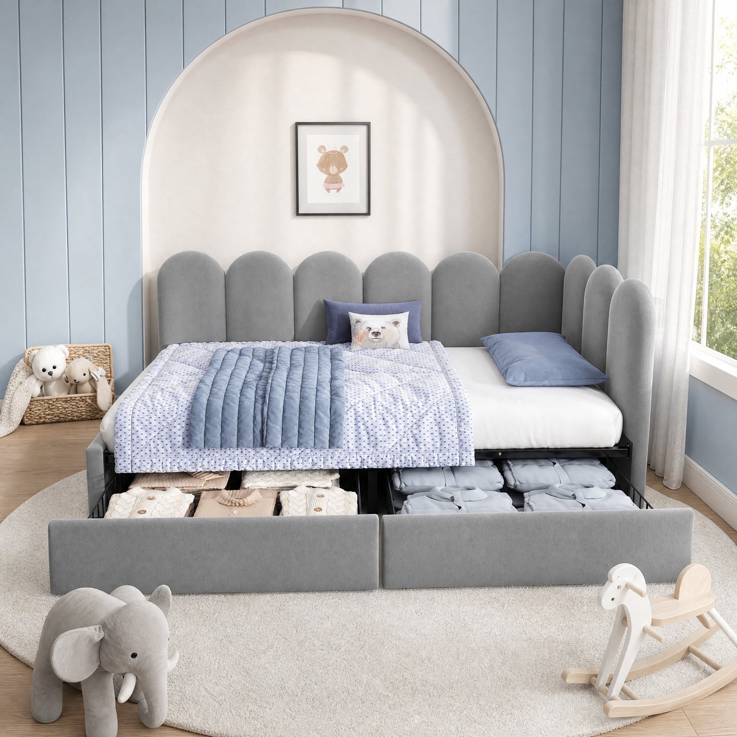 Maisentiel Eenpersoonsbed met 2 lades en lattenbodem - fluweel - grijs - 90 x 200 cm