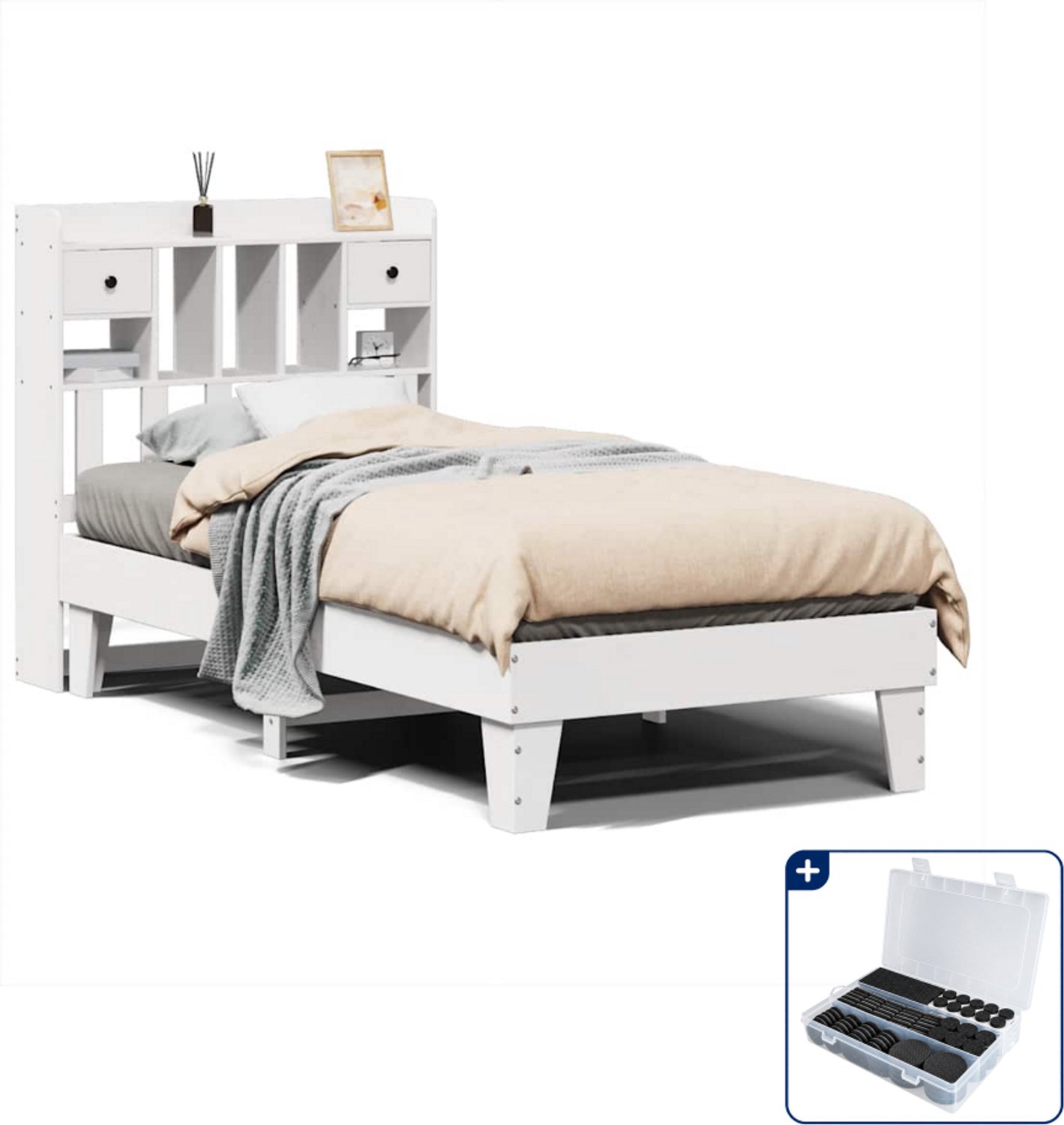 vidaXL bedframe - 90 x 200 cm - massief grenenhout - wit - Inclusief antikrasvilt 177-delig Grijs