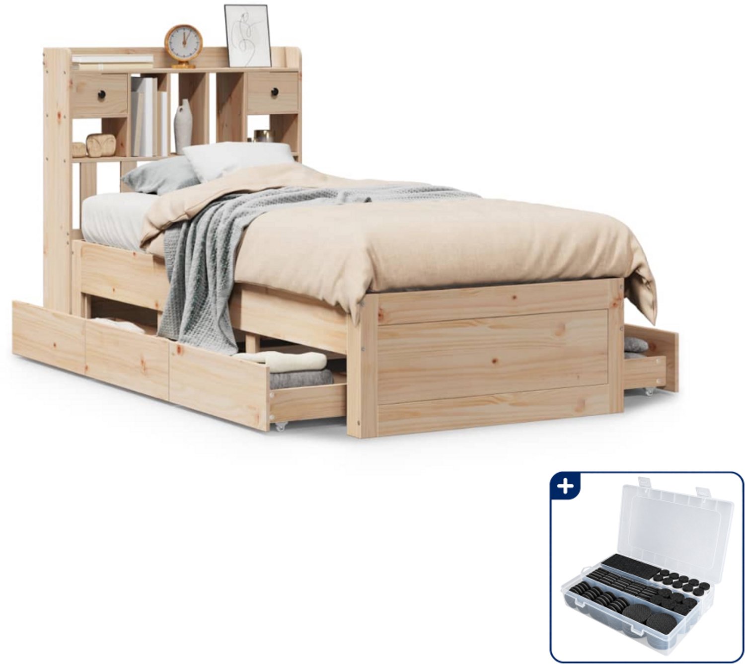 vidaXL bed met boekenkast - 75 x 190 cm - massief grenenhout - Inclusief antikrasvilt 177-delig Blauw