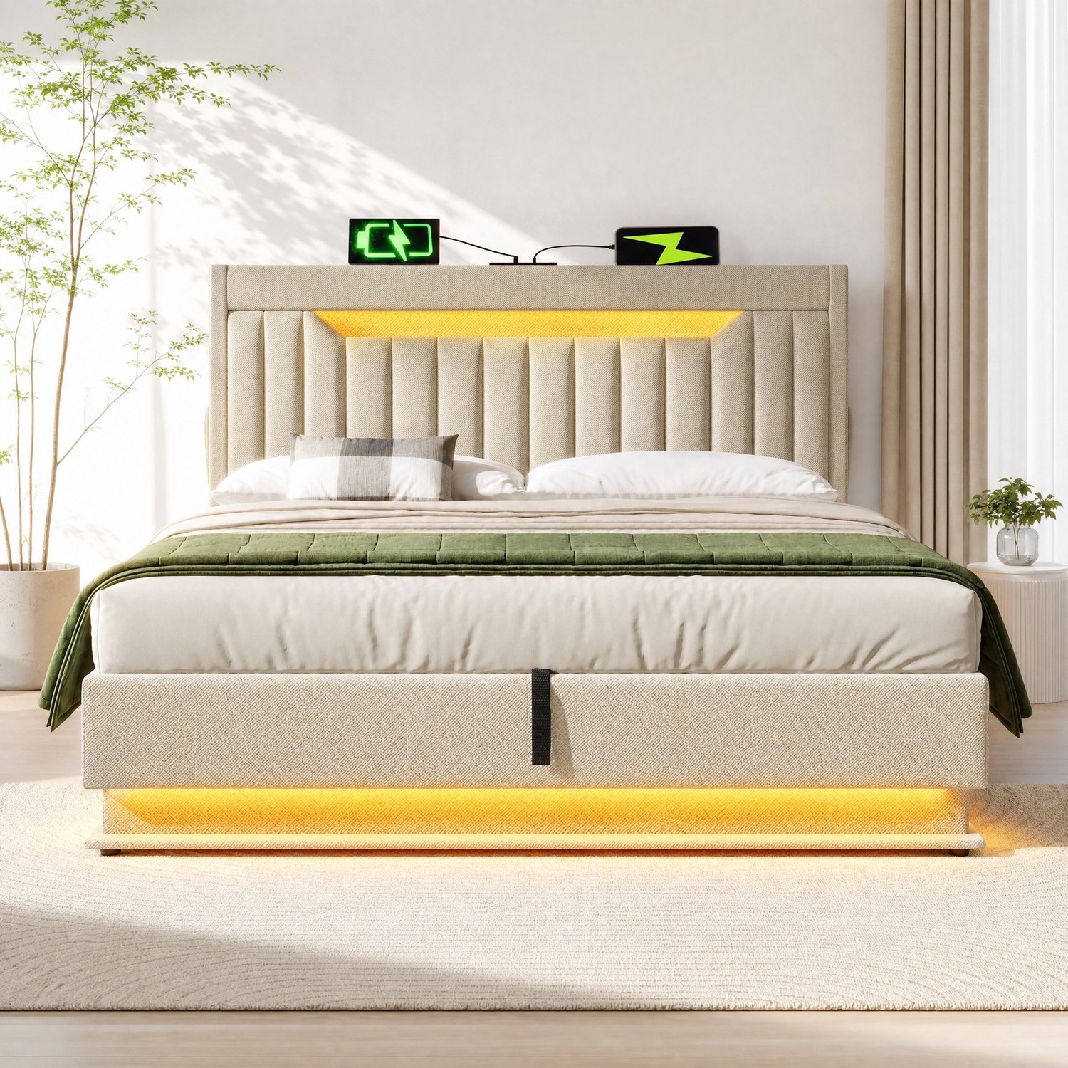 Maisentiel Gestoffeerd bed 140 x 200 cm - beige - opbergruimte, ledverlichting en USB