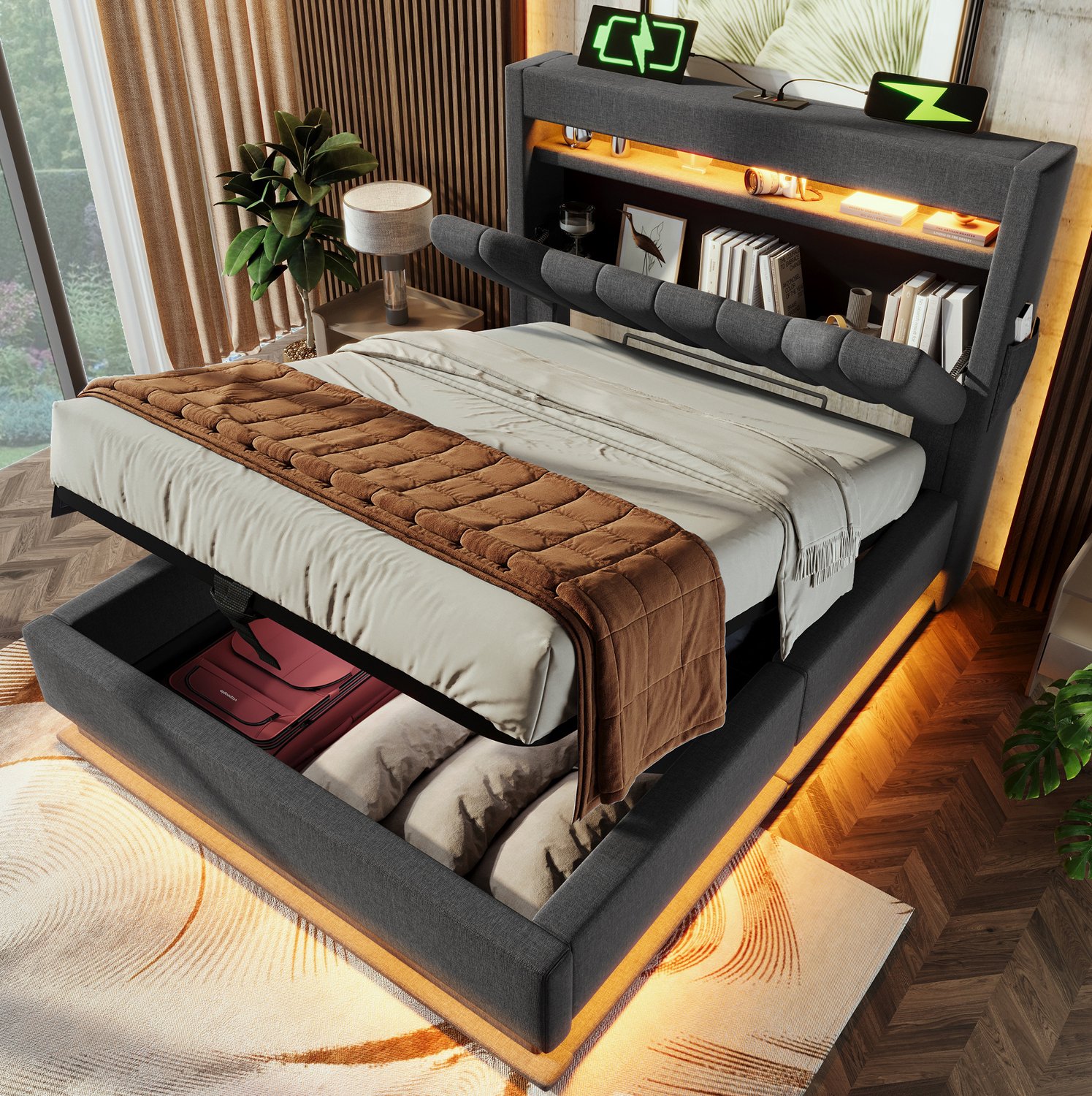 Maisentiel Eenpersoonsbed 90 x 200 cm - Grijs linnen - Opbergruimte, LED en USB-C