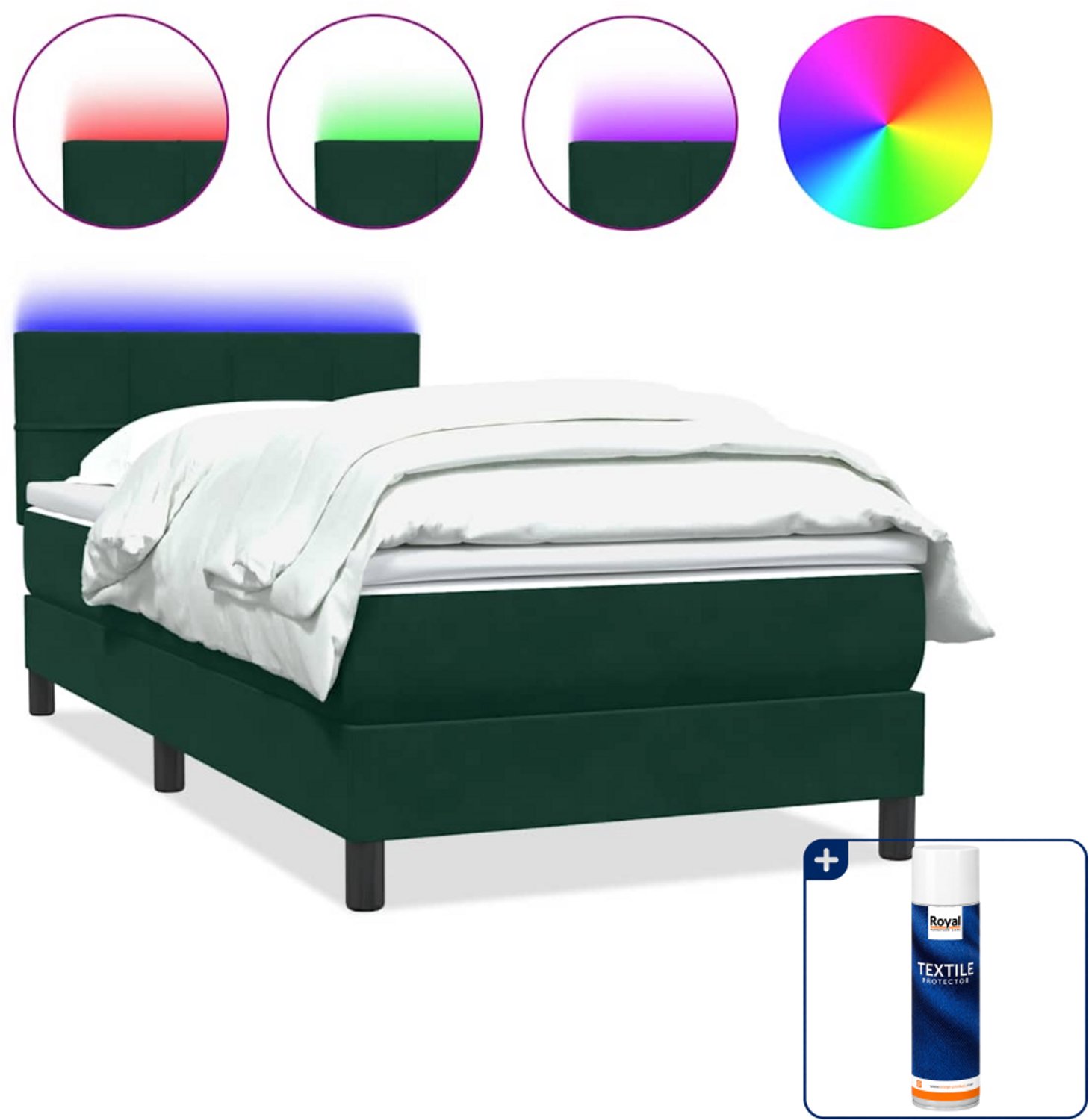 vidaXL boxspring met matras en LED - 80 x 220 cm - fluweel - donkergroen - Inclusief textielbeschermer 500 ml Wit
