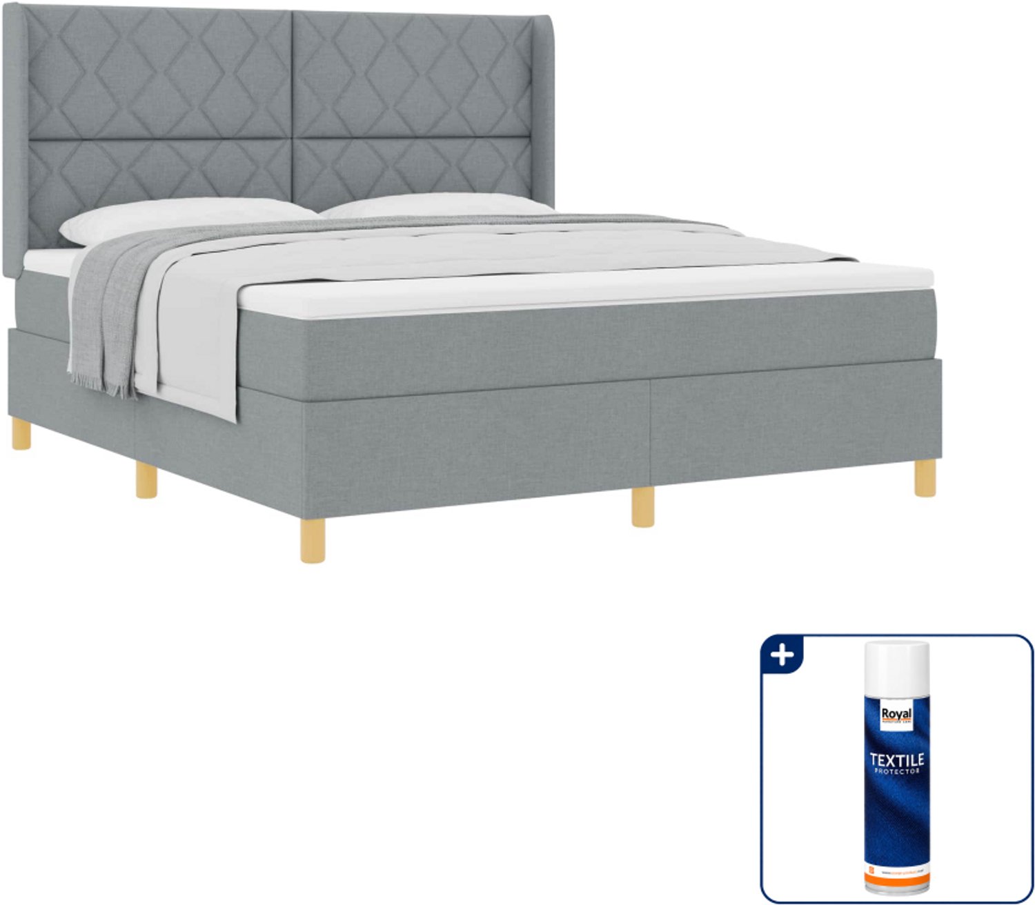 vidaXL Kingsize boxspringbed - 180 x 200 cm - stof - lichtgrijs - Inclusief textielbeschermer 500 ml