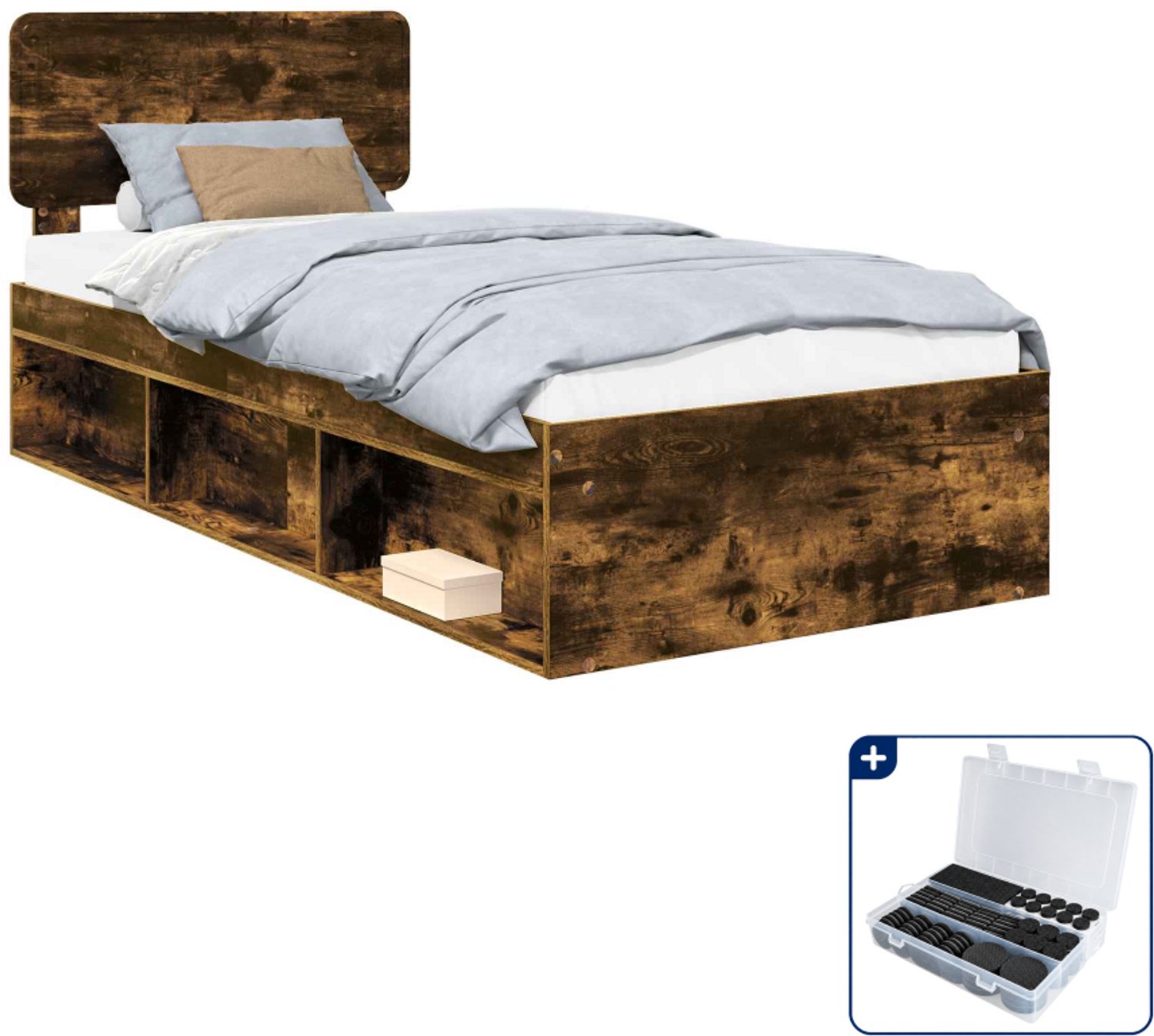 vidaXL bedframe - 90 x 200 cm - massief grenenhout - gerookt eiken - Inclusief antikrasvilt 177-delig Donker Grijn