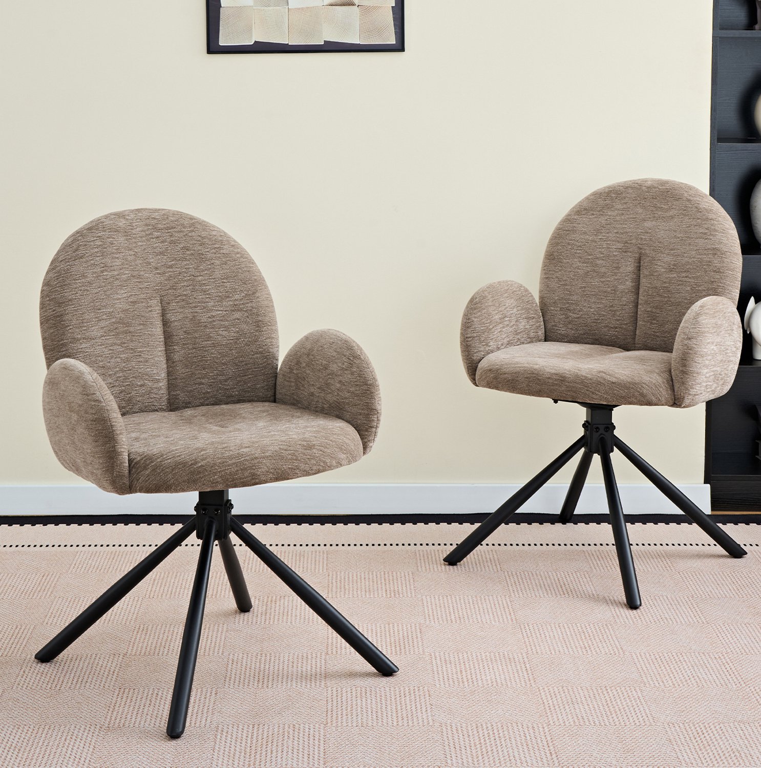 Wishdor Eetkamerstoelen set van 2 - Draaibaar met armleuningen - Omhullende rugleuning en zachte bekleding - Eetkamer woonkamer werkkamer - Chenille en metaal - Zwart en taupe - 53,5 x 36 x 86,5 cm Taupe en zwart